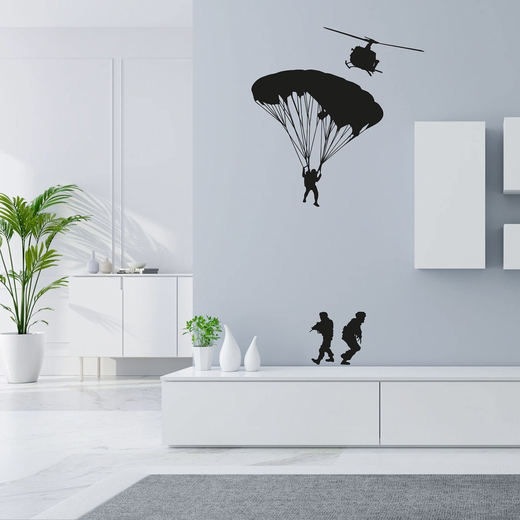 Military Swat Team Army Soldier Helicopter Parachute Vinyl Wall Decal - 28x30 Inch Removable Sticker for Boys Girls Room, Playroom, Bedroom & Home Gym Decor - Perfect for Kids' Room Themes & Military Enthusiast Wall Art