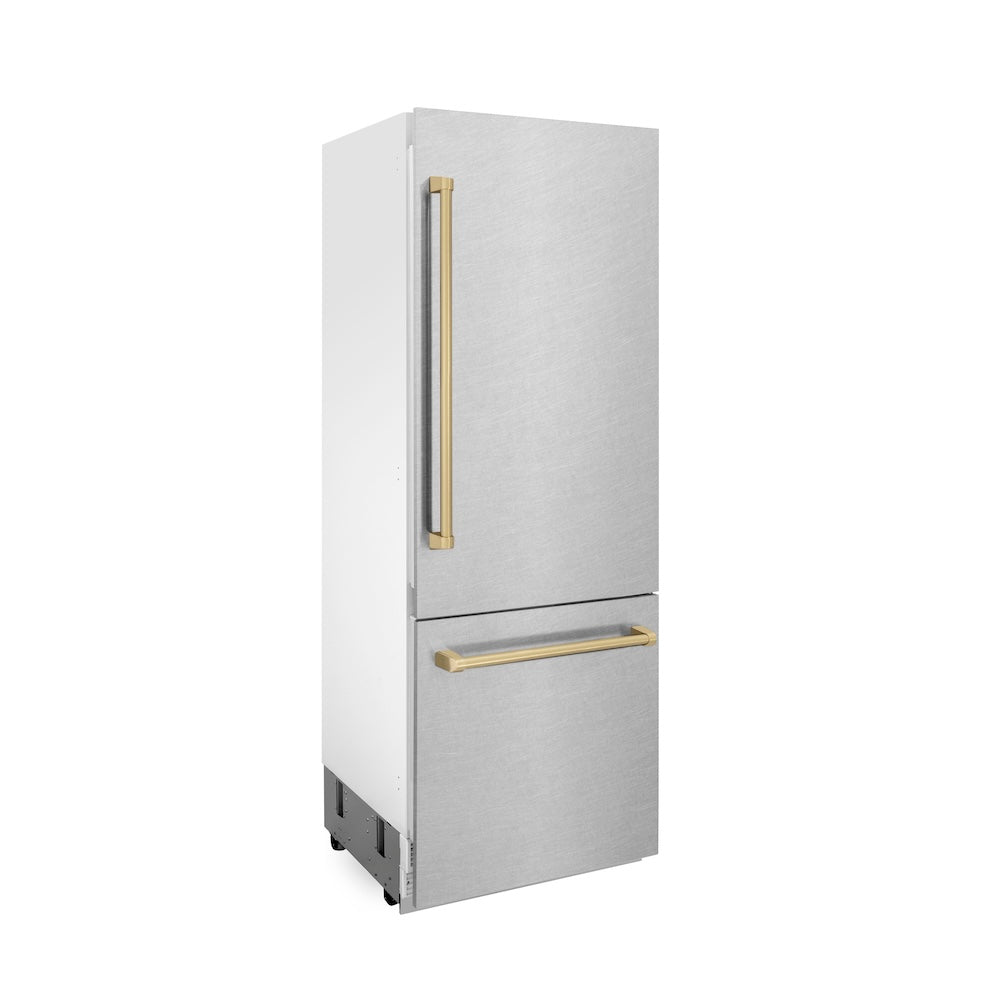 ZLINE Autograph Edition 30 Inch Built-In Bottom Freezer Refrigerator - 16.1 cu ft Capacity, Water Dispenser & Ice Maker - Satin Stainless Steel with Champagne Bronze Accents (RBIVZ SN 30 CB) - Perfect for Modern Kitchens, Open Concept Homes & Luxury Appliances Collection