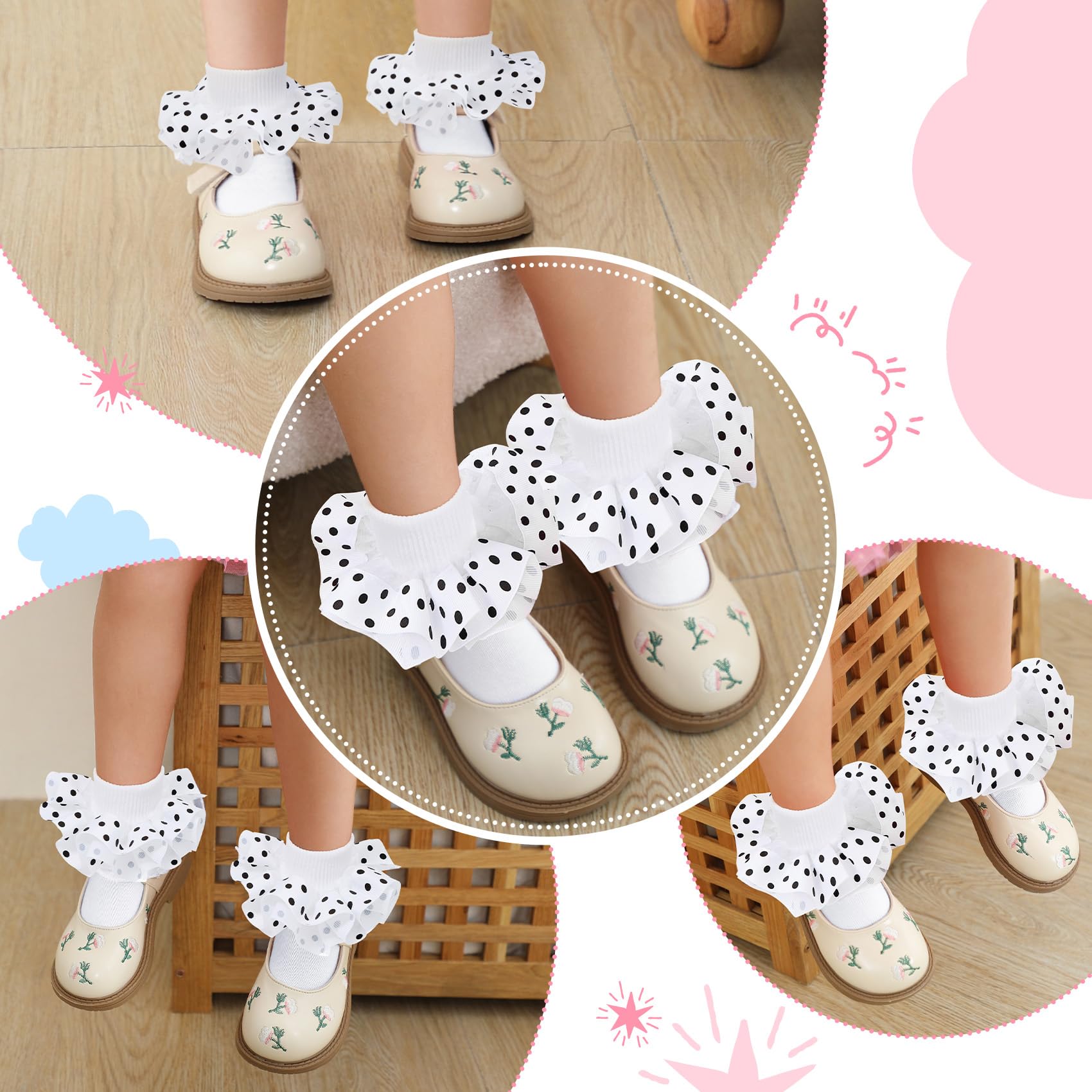 Durio Girls Toddler Ruffle Socks - Lace Polka Dot Frilly Ankle Socks for Kids & Babies | Cute Dress Socks for Parties, Photos & Special Occasions