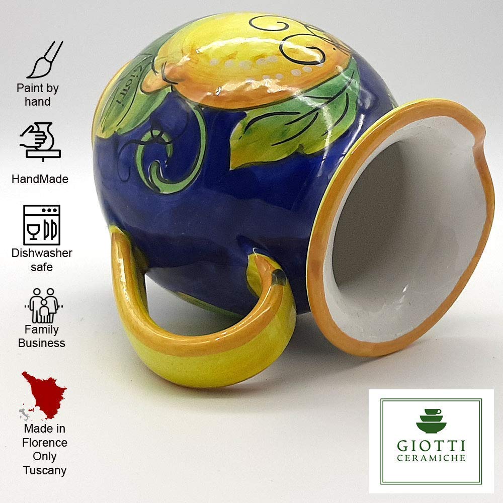 Italian Ceramic Pitcher 16oz - Hand Painted Lemon Blue Design Kitchen Carafe & Utensil Holder - Tuscan Pottery Wine Dispenser & Home Decor Vase - Perfect for Farmhouse Kitchens, Italian Restaurants & Gift Giving