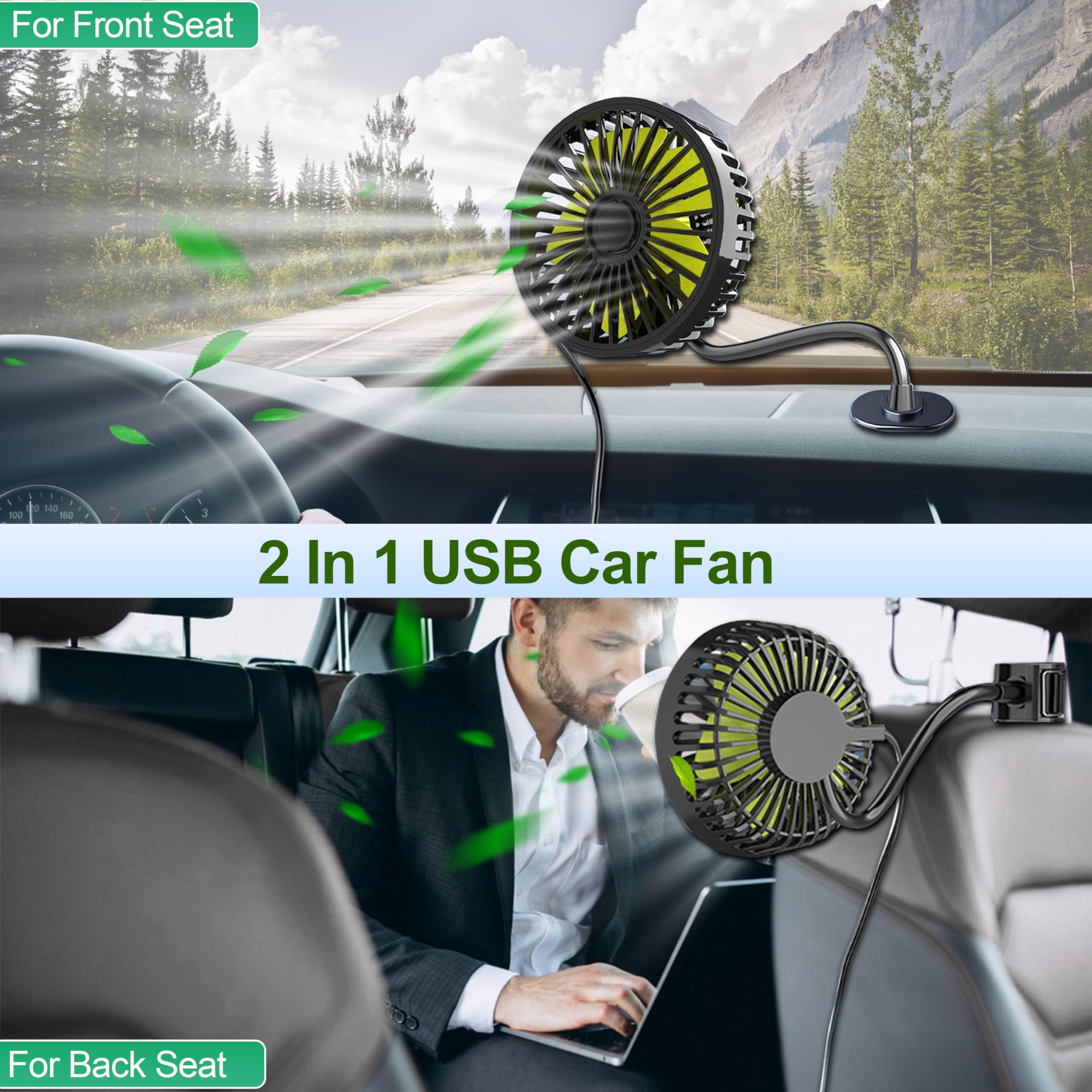Qidoe USB Car Fan - 360° Rotatable Portable Cooling Fan for Rear Seat Passengers with 3 Speed Settings | Perfect for Cars, SUVs, RVs, ATVs, Boats & Trucks | Stay Cool During Road Trips & Summer Commutes