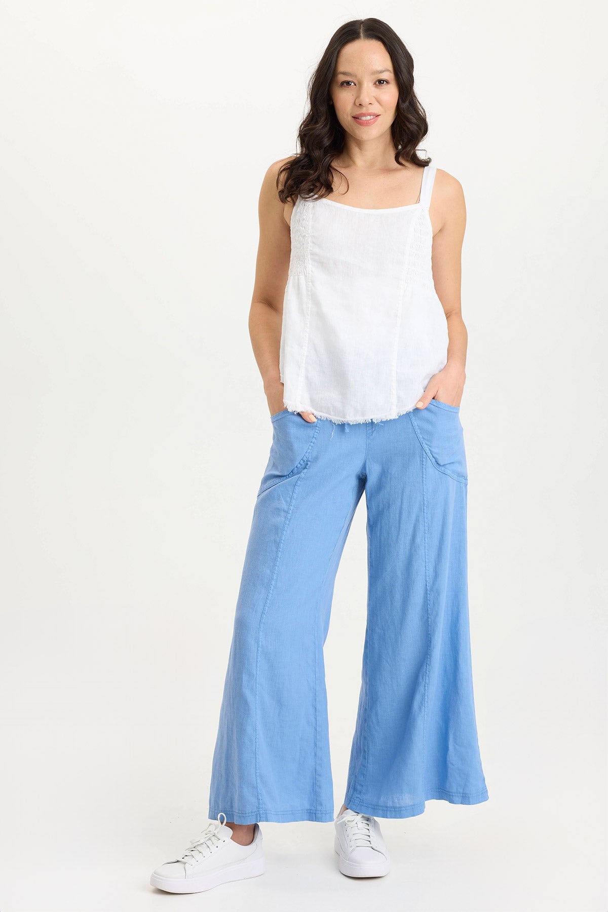 Fernley Linen Ruched Tank Top for Women - Breathable Summer Sleeveless Blouse for Casual Wear, Beach Outfits & Vacation Essentials
