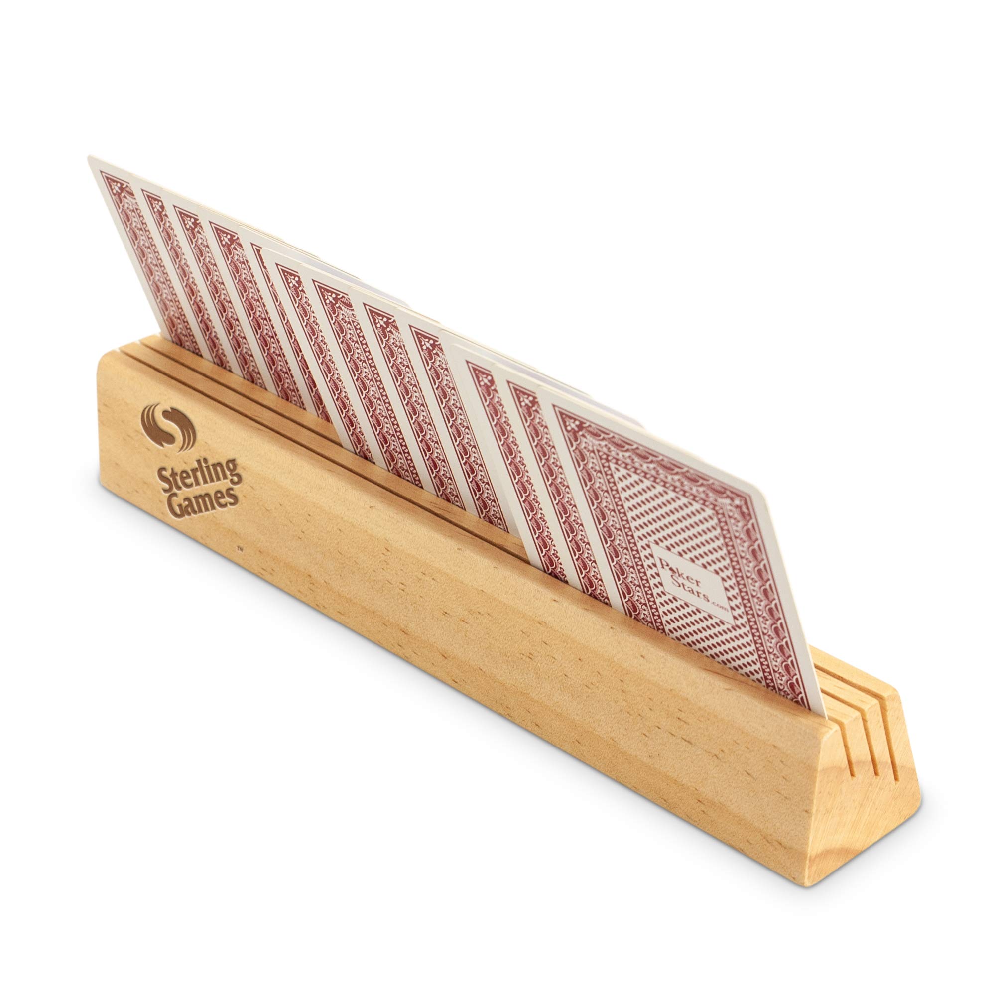 Sterling Games Wooden Playing Cards Holder Set of 4 - Card Holders for Kids, Seniors & Adults - Card Tray Rack Stand for Poker, Blackjack, Uno & Board Games - Perfect for Family Game Nights & Parties