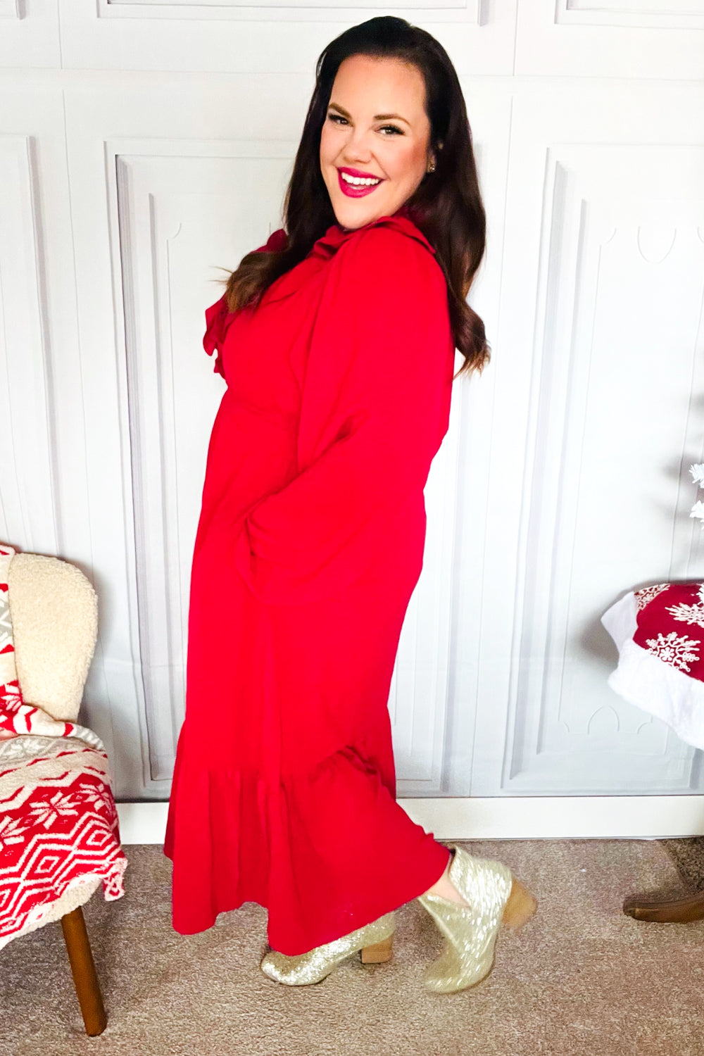 Elegant Holiday Red Overlap Ruffle V-Neck Midi Dress for Women | Christmas Party, Cocktail Event & Special Occasion Outfit