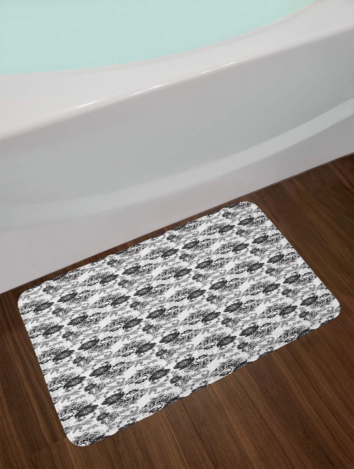 Ambesonne Non-Slip Floral Bath Mat - Soft Plush Bathroom Rug with Grey Leaves & Petals Design, 30x20 Inches, Pale Taupe Charcoal - Perfect for Modern Bathrooms & Spa Decor