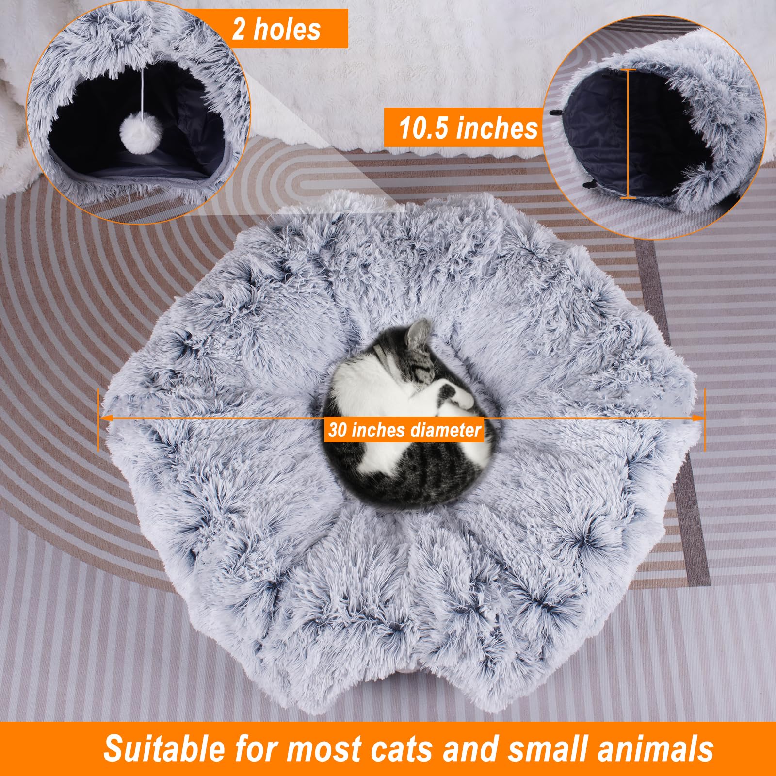Washable Plush Cat Tunnel Bed for Indoor Cats - Large Donut Tunnel with Peekaboo Cave & Cushion | 3-in-1 Cat Toy, Bed & Play Tunnel for Cats & Rabbits (Gray) - Perfect for Playtime, Napping & Hide-and-Seek