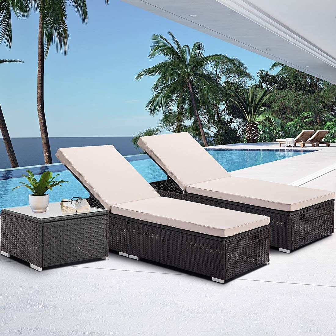 3-Piece Outdoor Patio PE Wicker Chaise Lounge Set - Rattan Furniture with Adjustable Reclining Chairs & Matching Table - Includes Weather-Resistant Cushions for Poolside, Garden, or Backyard Relaxation