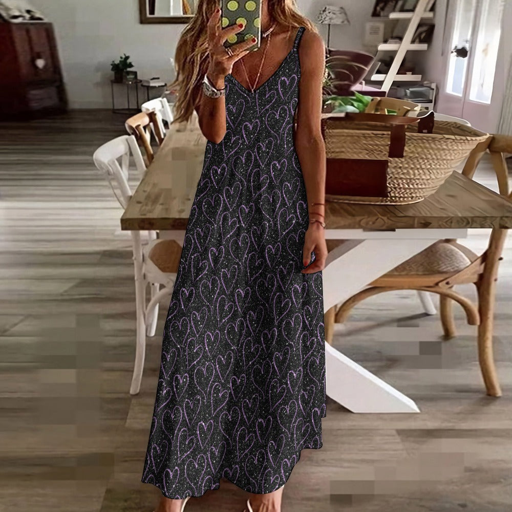 Elegant Purple Sparkling Hearts Sling Ankle Long Dress for Women - Perfect for Evening Parties, Date Nights & Special Occasions