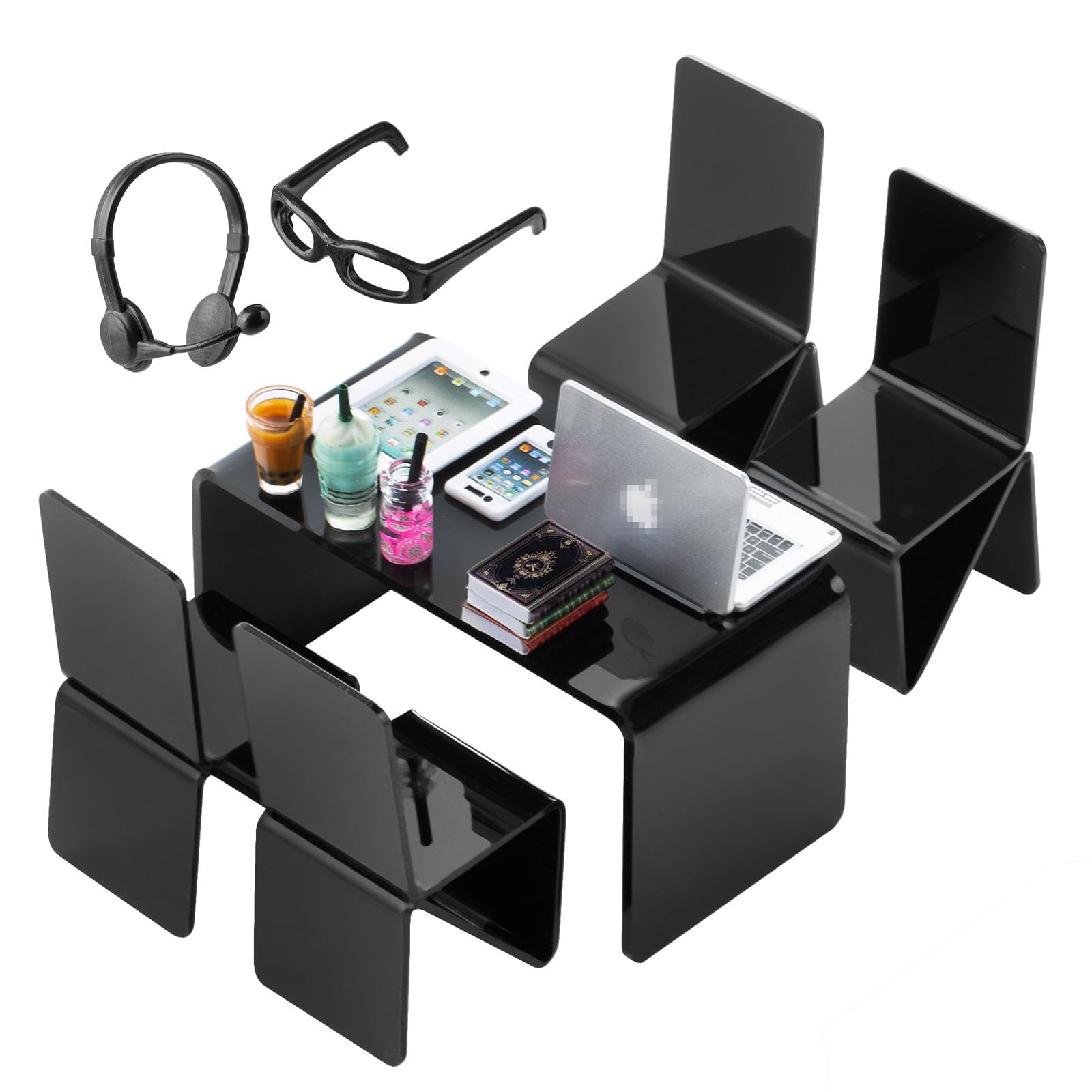 16Pcs Miniature Laptop Computer Tablet Toy Phone Pad with Coffee Juice Doll Accessories - 1/6 & 1/12 Scale Mini Chairs, Table, Glasses & Headset Playset for Girls - Perfect for Dollhouse Scenes & Smart Toy Simulation
