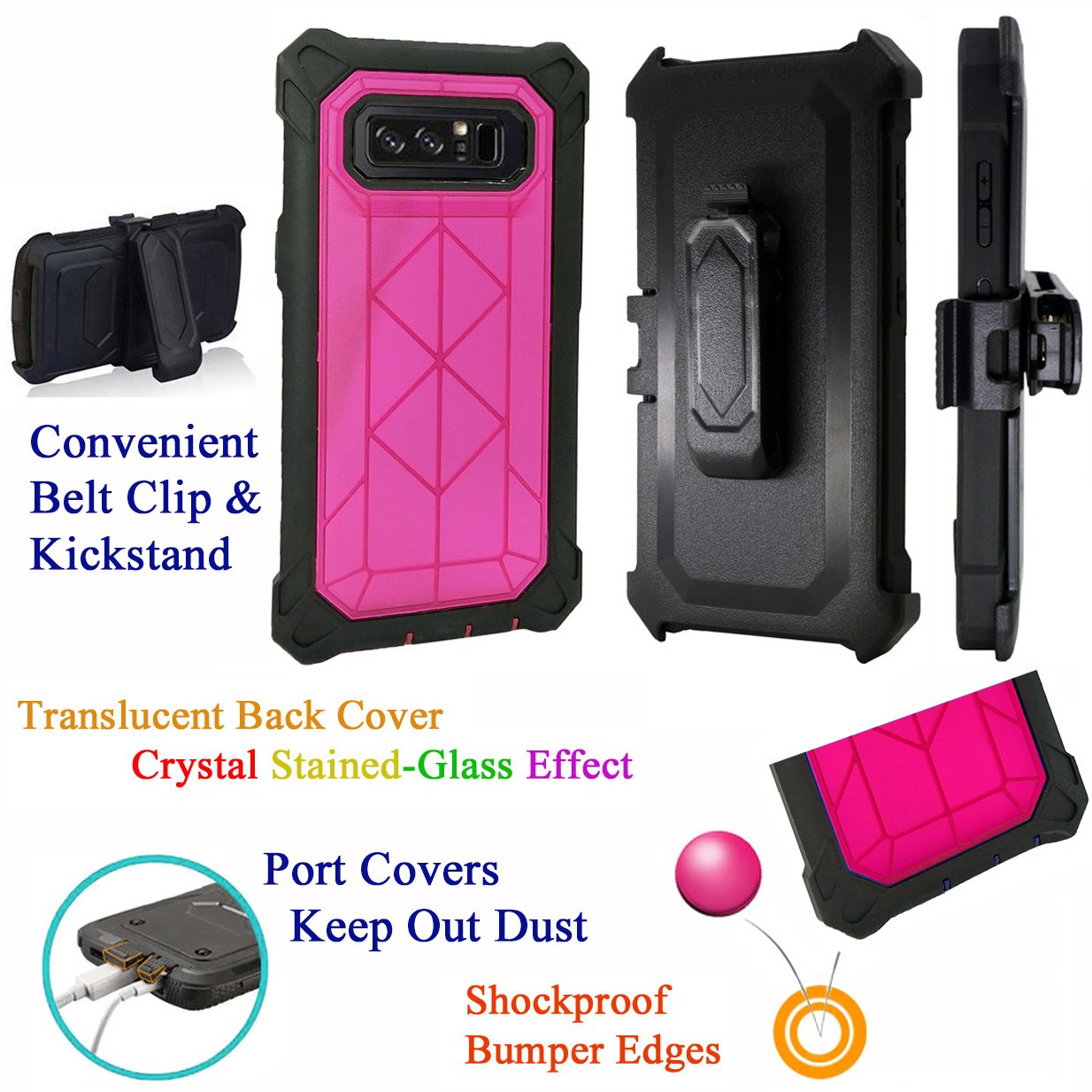 Samsung Galaxy Note 8 Case 6.3 Inch - Shockproof Armor Bumper Cover with Kickstand, Crystal Clear Holster & Enhanced Grip Sides - Perfect for Work, Travel and Outdoor Protection (Pink)