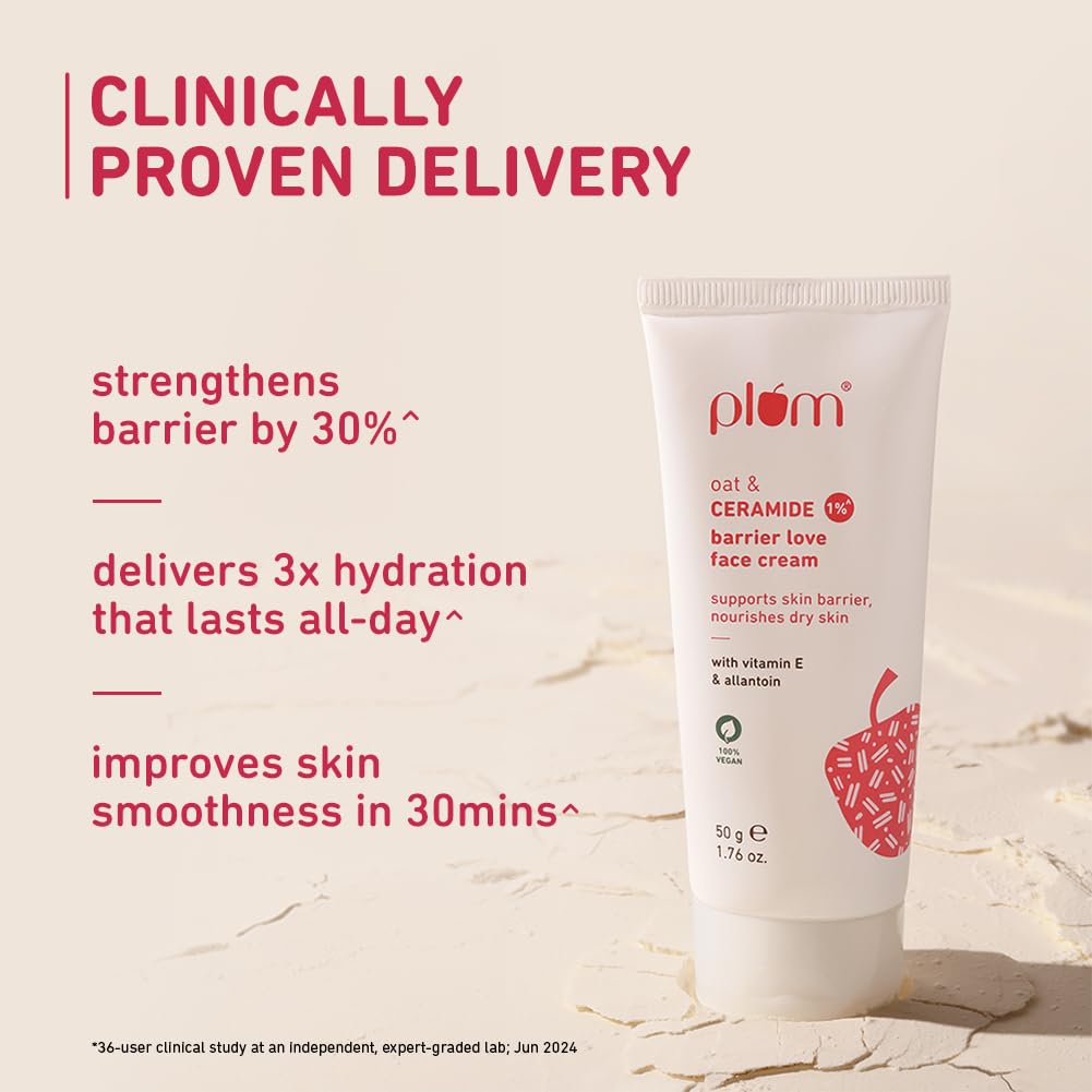 Plum Oat & 1% Ceramide Face Cream for Dry Skin | Barrier Repair Moisturizer with Vitamin E & Allantoin | Strengthens & Hydrates Skin | Unisex Skincare for Women & Men | 50g | Perfect for Night Routine & Winter Care