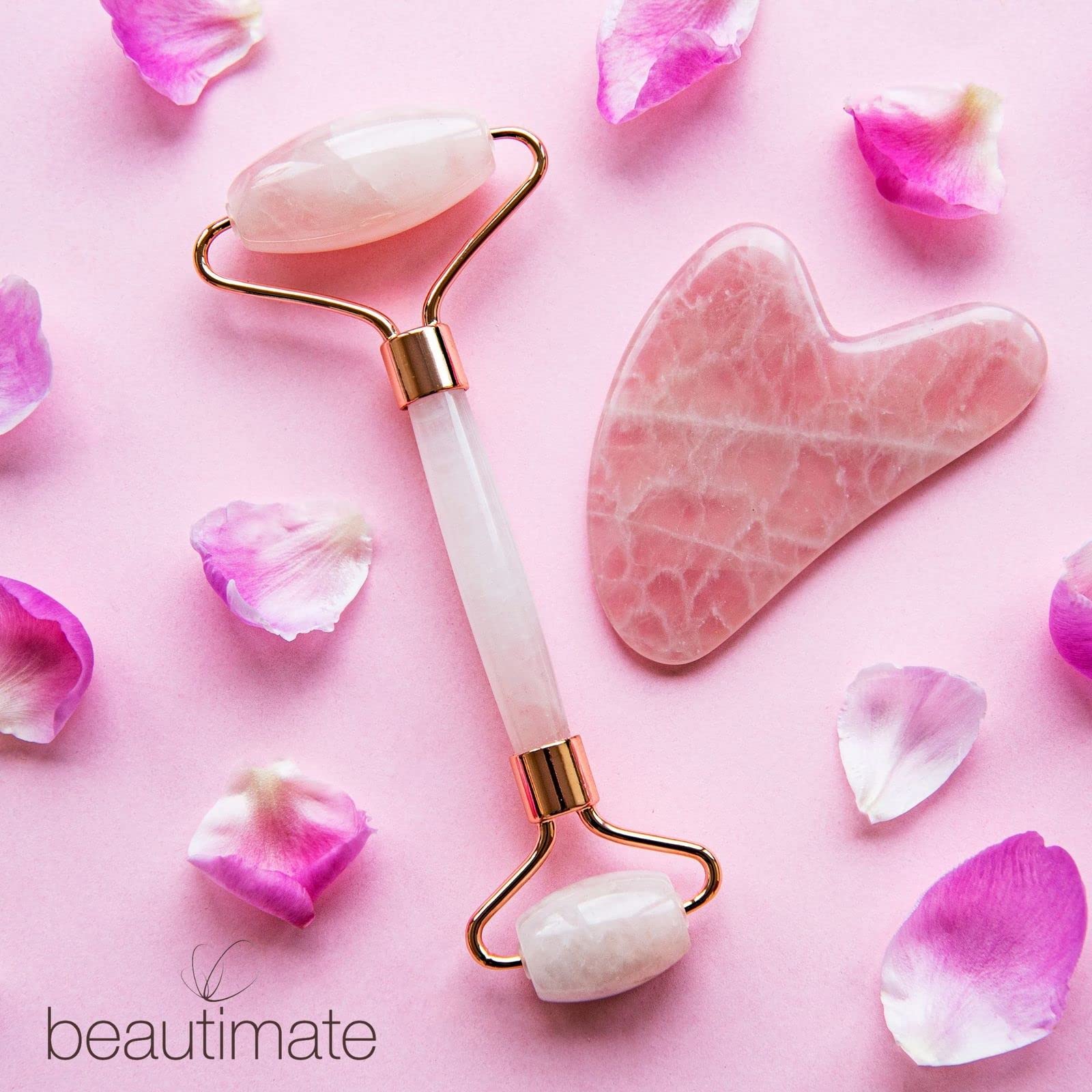 Rose Quartz Jade Roller & Gua Sha Set - Natural Facial Massage Tools for Skin Care, Wrinkle Reduction & Lymphatic Drainage - Perfect for Anti-Aging Routine & Relaxing Spa Night