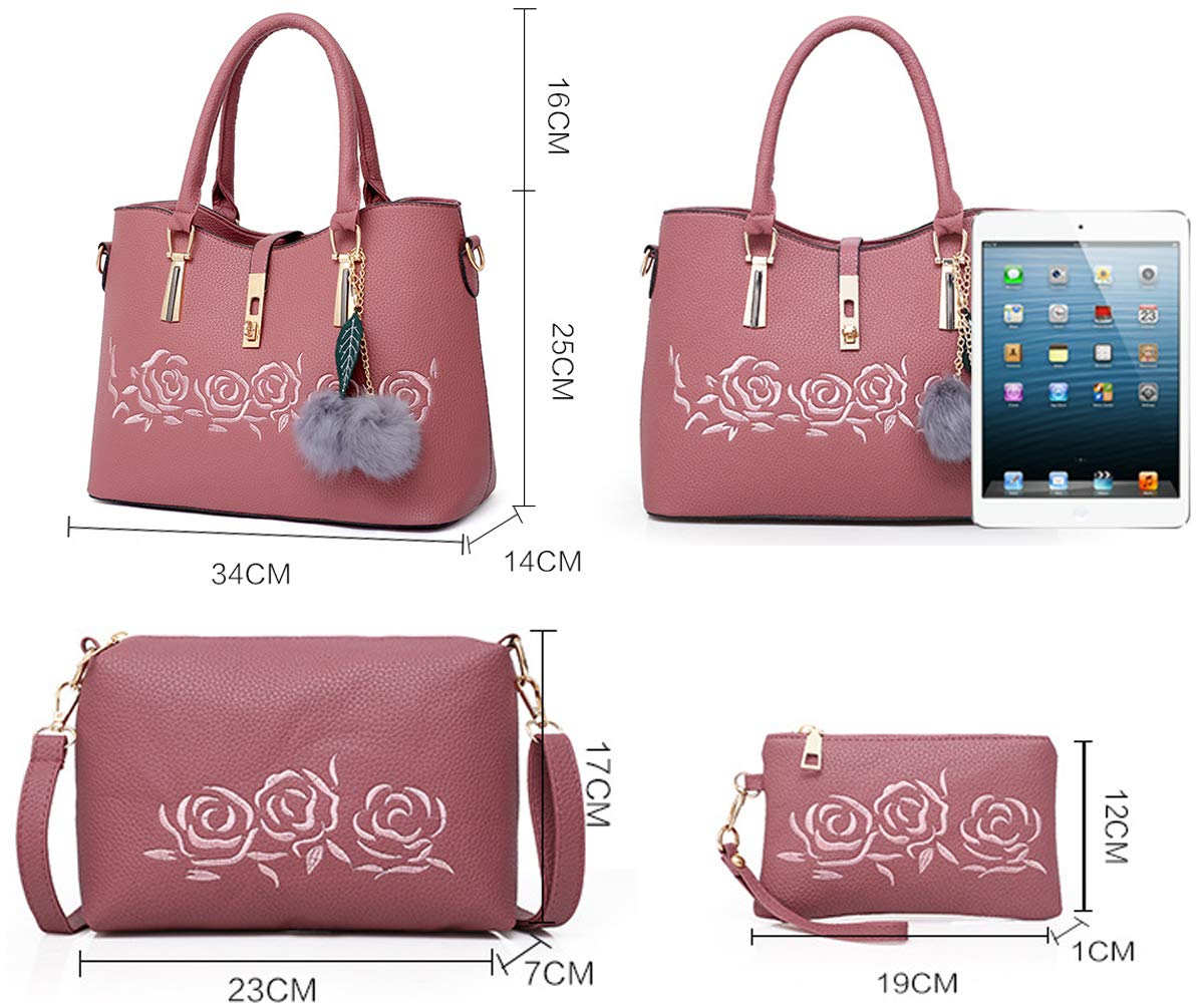 Women's PU Leather Messenger Bag with Rose Embroidery - 3 Piece Set (Tote, Crossbody Bag & Wallet) for Work, Travel & Everyday Use