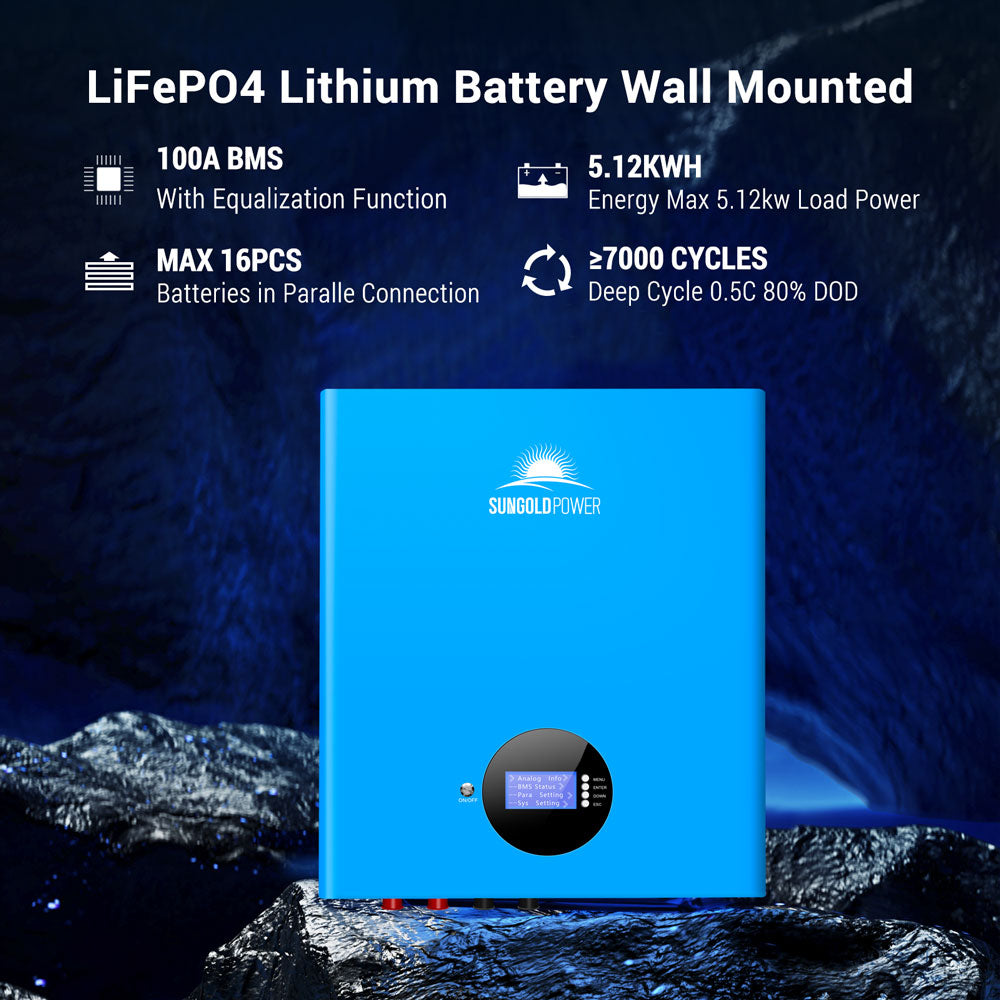 SunGoldPower 5.12kWh LiFePO4 Solar Battery Storage - SG48100M Powerwall for Home Energy Backup & Off-Grid Power Solutions