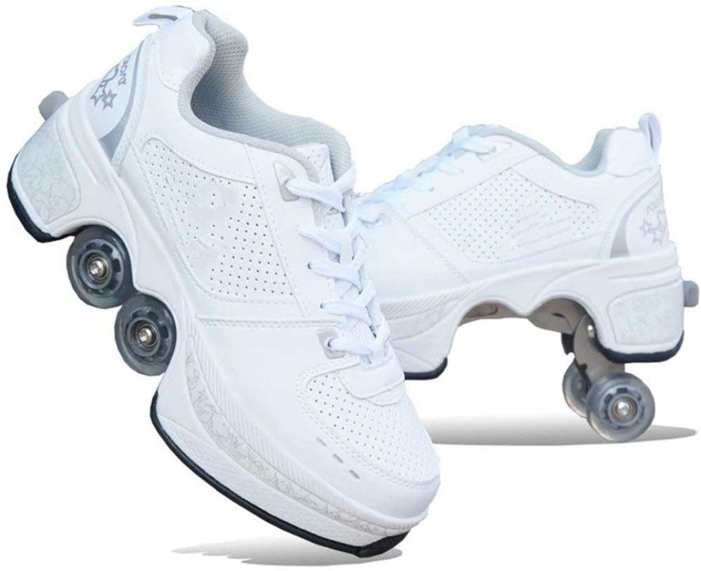 AGYE Roller Skate Shoes for Women, Men, Boys & Kids - Adjustable Wheeled Sneakers for Beginners | Unisex Roller Skates for Indoor & Outdoor Use | Perfect Gift for Birthday & Parties (White, Size 40)