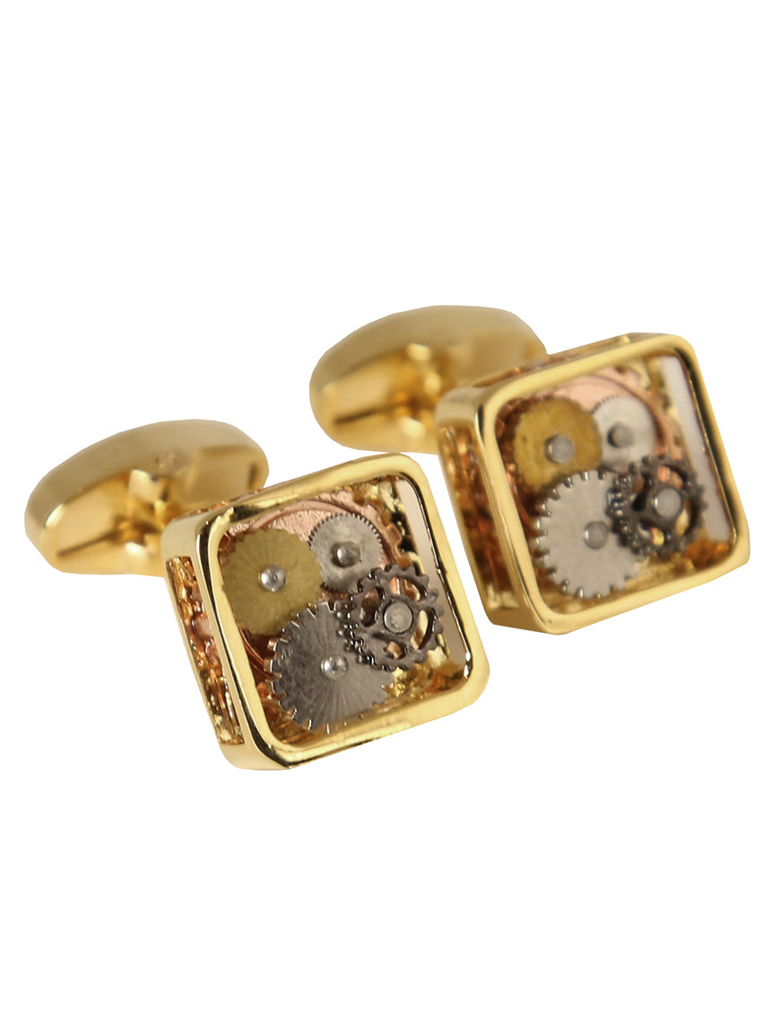 DÉCLIC Gear Square Cufflinks for Men - Gold Plated Stainless Steel Dress Shirt Accessories - Perfect for Weddings, Business Meetings & Formal Events