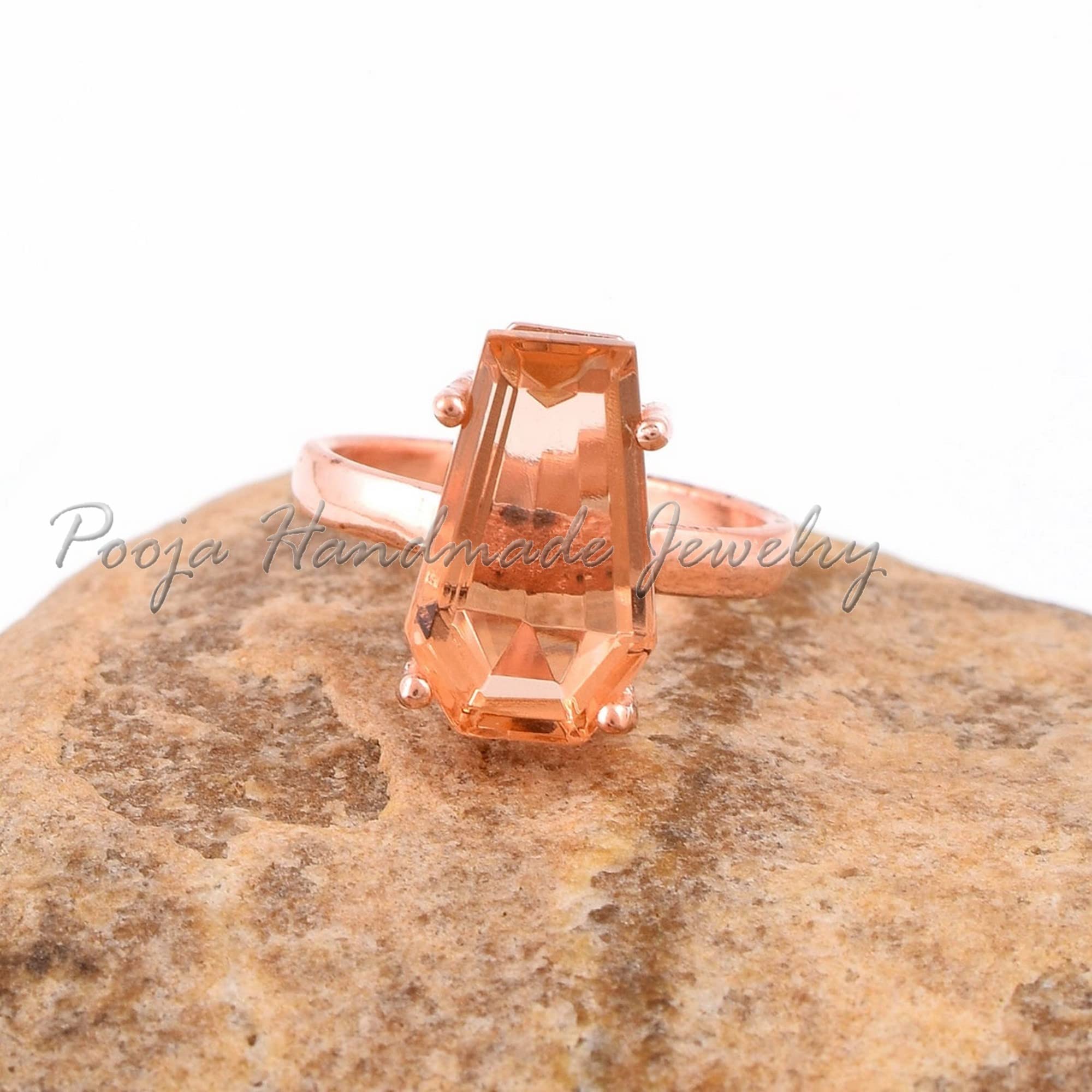 Morganite Coffin Ring - 925 Sterling Silver Gold Plated Engagement Ring, Handmade Morganite Quartz Jewelry for Women, Promise Gift for Christmas, Anniversary & Special Occasions