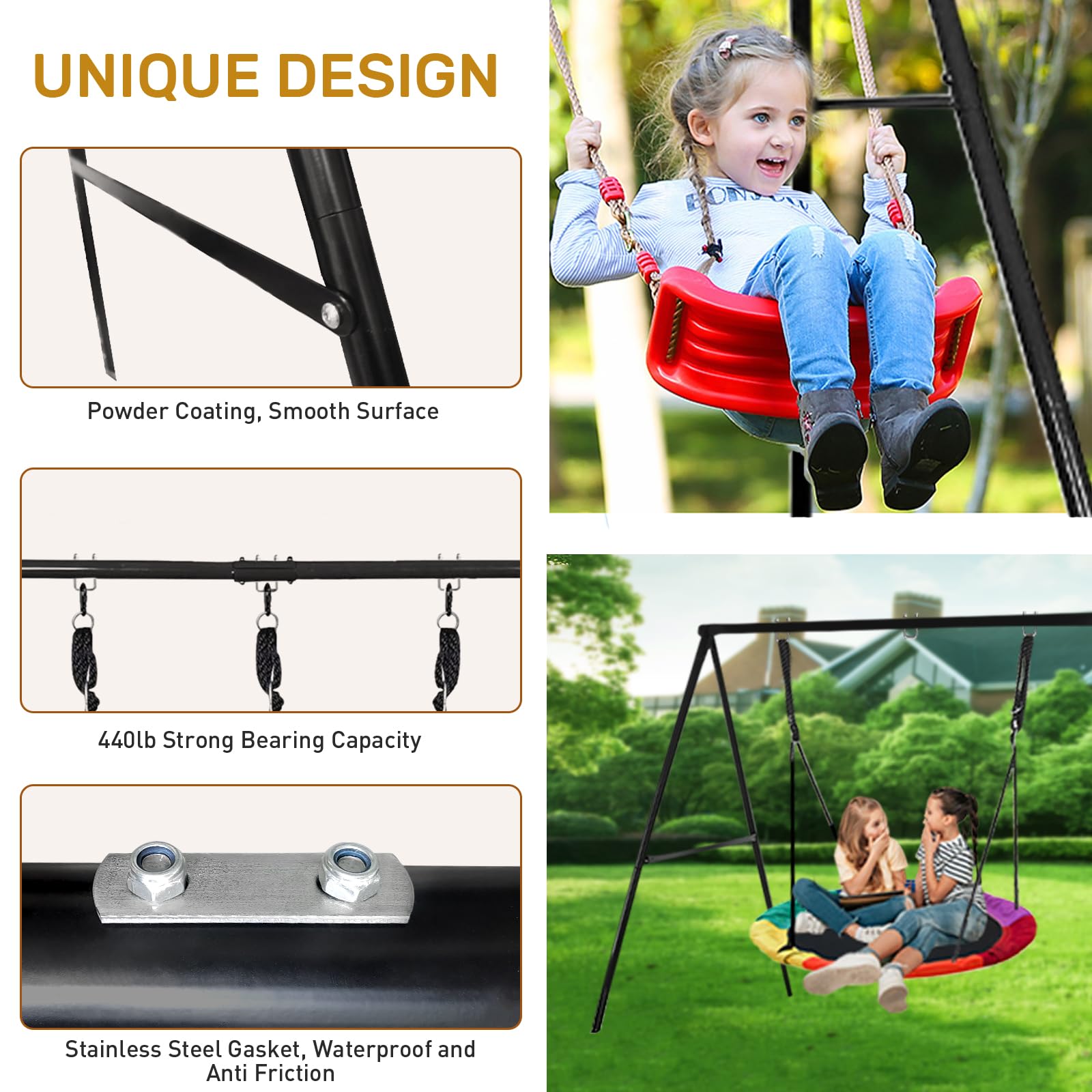 IKARE Heavy Duty Metal Swing Frame - Extra Large Swing Stand for Kids & Adults, 440 LB Weight Capacity, Fits Most Swings - Perfect for Indoor/Outdoor Play, Backyard, Garden & Playground Fun