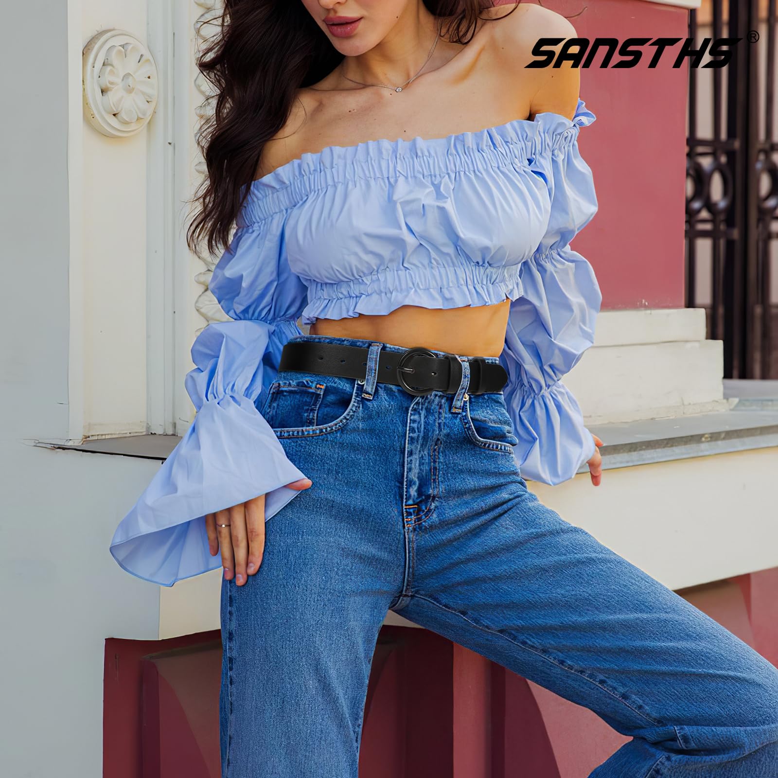 SANSTHS Women's Black Leather Belt with Gold Buckle - Stylish Casual Dress Belt for Jeans & Pants | Perfect for Office, Date Night & Everyday Outfits