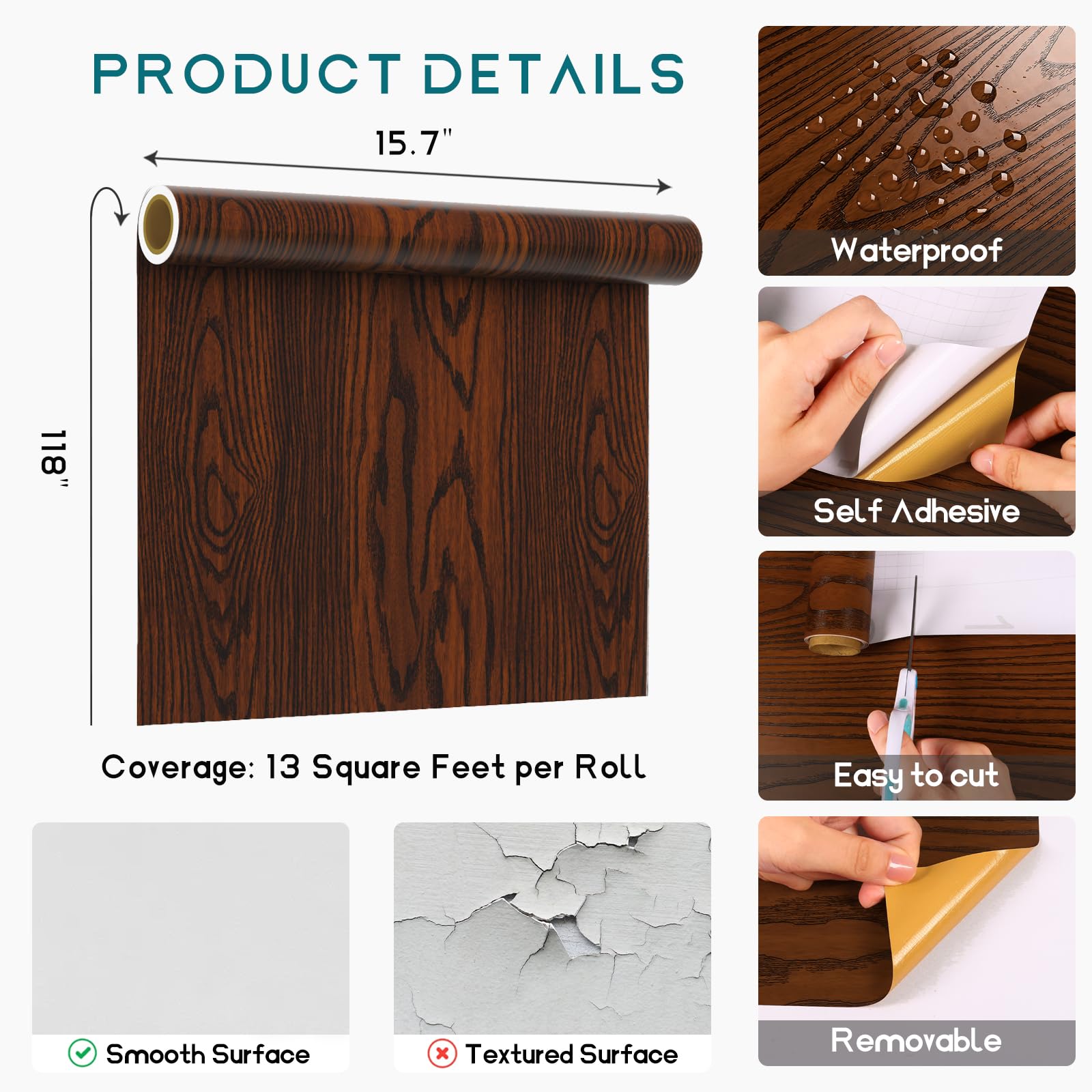 VEELIKE Mahogany Brown Wood Wallpaper Peel and Stick - Self Adhesive Waterproof Wood Grain Contact Paper for Cabinets, Countertops, Tables, Kitchen Shelves & Furniture - 118