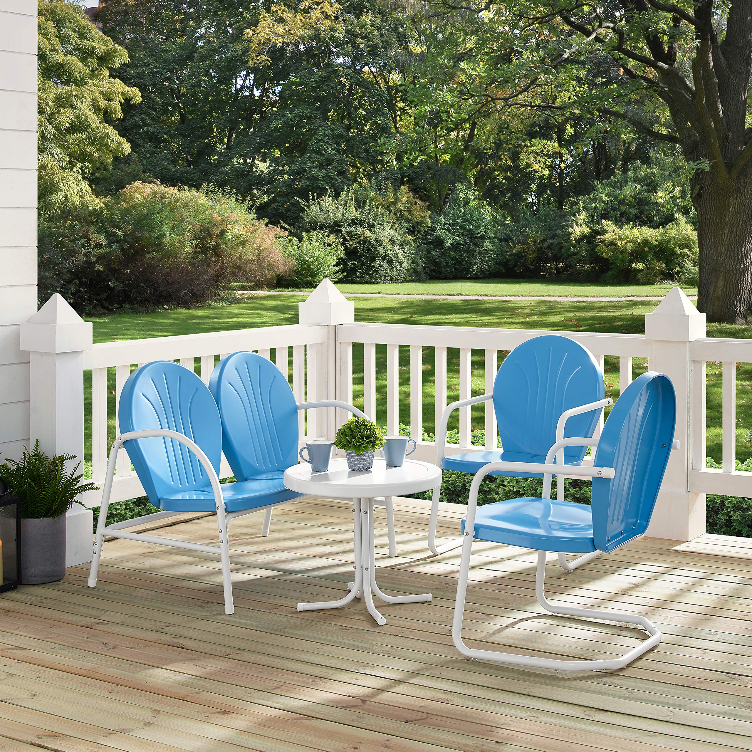 Crosley Furniture Griffith 4-Piece Retro Metal Outdoor Loveseat Patio Set - Sky Blue Bistro Seating for Porch, Deck, Balcony & Garden - Perfect for Relaxing, Entertaining & Outdoor Dining