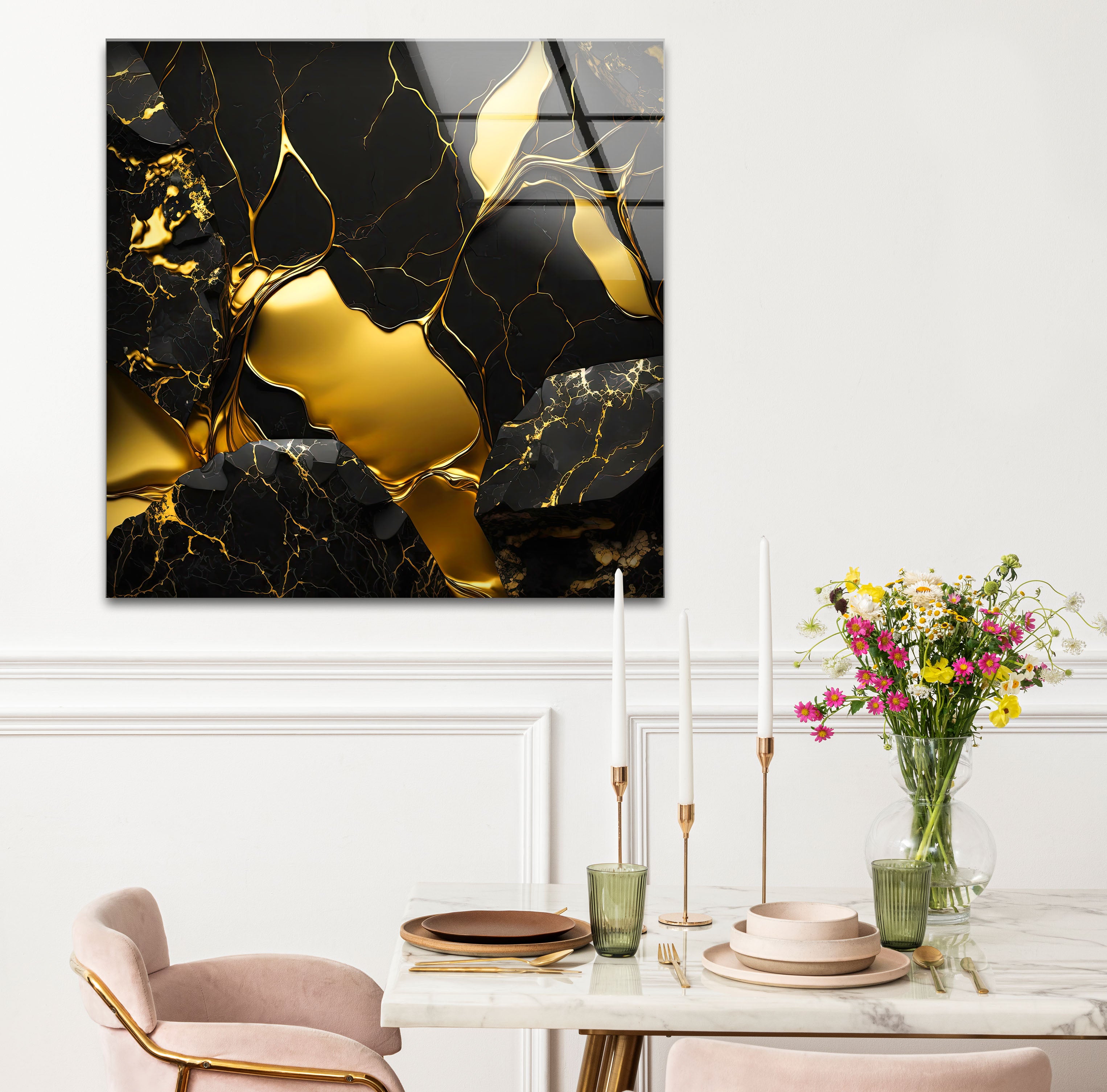 Black and Gold Abstract Wall Art - Modern Glass Print with Luxury Shine for Living Room, Bedroom & Office Decor | Elegant Home Wall Decorations