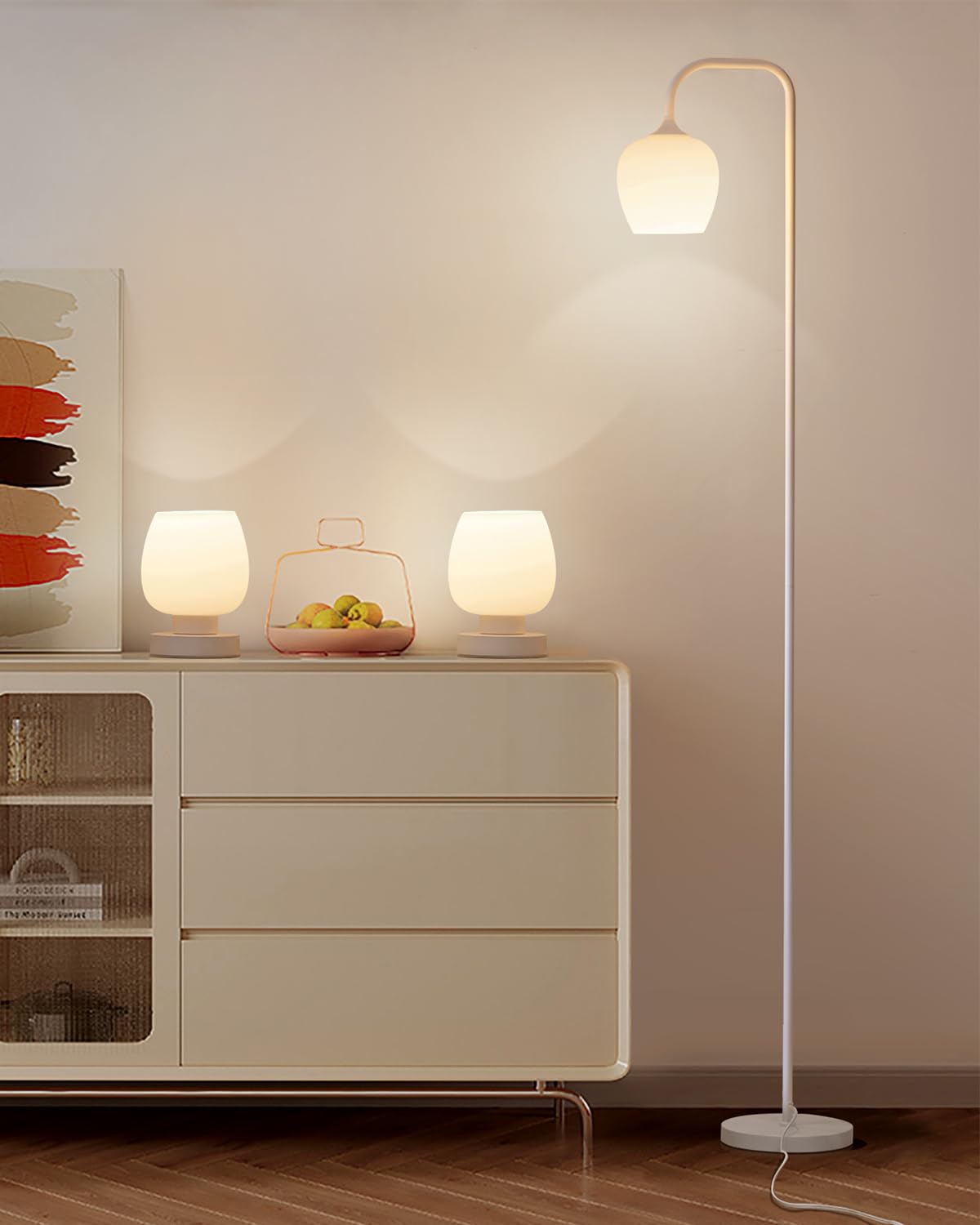ONEWISH 3-Piece Lamp Set - 2 Touch Bedside Table Lamps & 1 Floor Lamp, Modern LED Lighting for Bedroom, Living Room, Office, Nightstand with White Opal Glass Shade (Bulbs Included) - Perfect for Reading, Relaxing and Home Decor