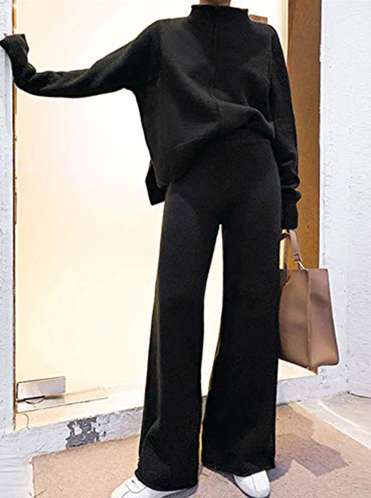 Fixmatti Women's Knit Sweatsuit Set - Turtleneck Sweater & Wide Leg Pants 2-Piece Outfit | Cozy Winter Loungewear for Home & Casual Outings