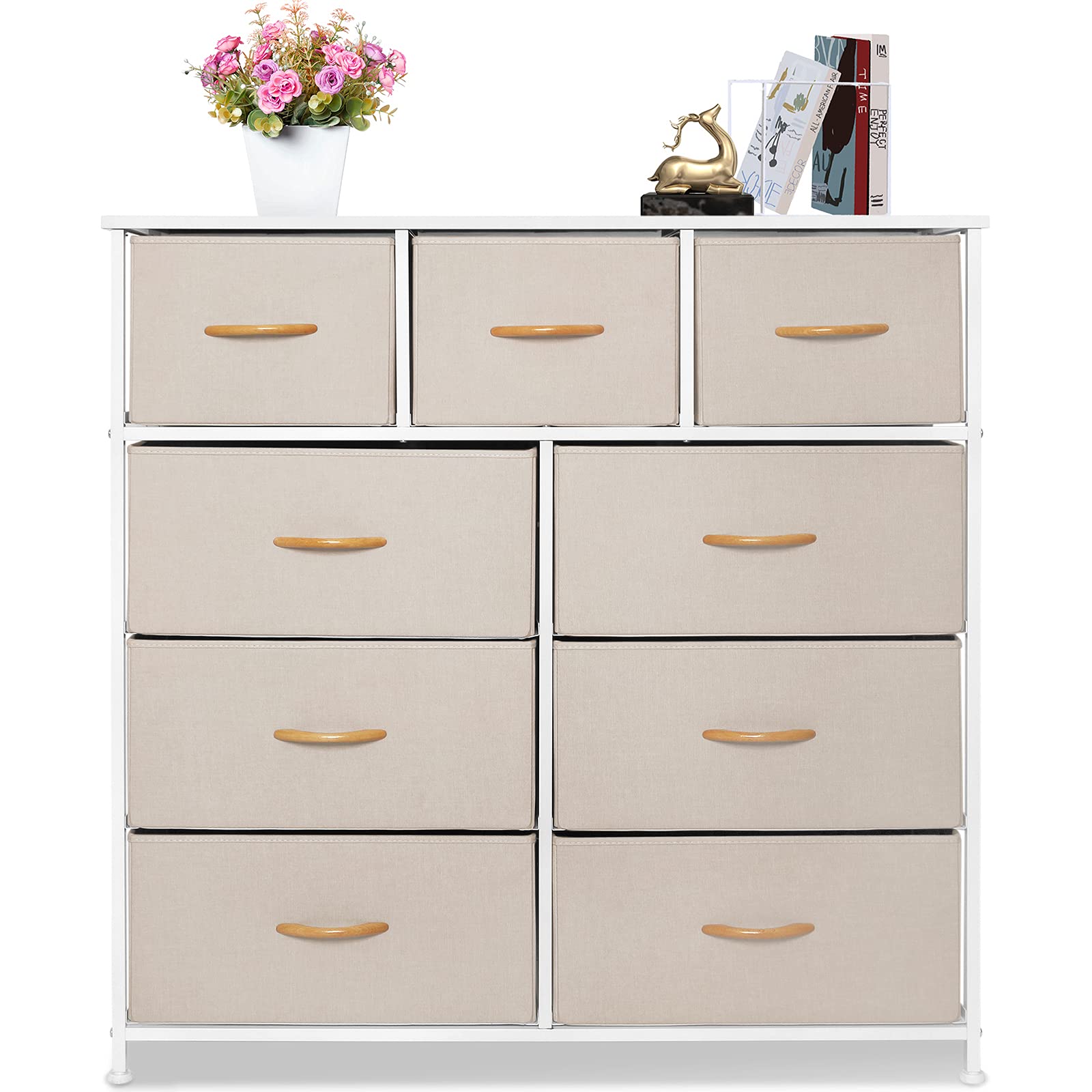 Bigroof 9-Drawer Dresser Organizer with Fabric Bins - Sturdy Steel Frame & Wood Top in Cream - Perfect for Bedroom, Hallway, Closet & Office Storage (Easy Pull Drawers for Quick Access)