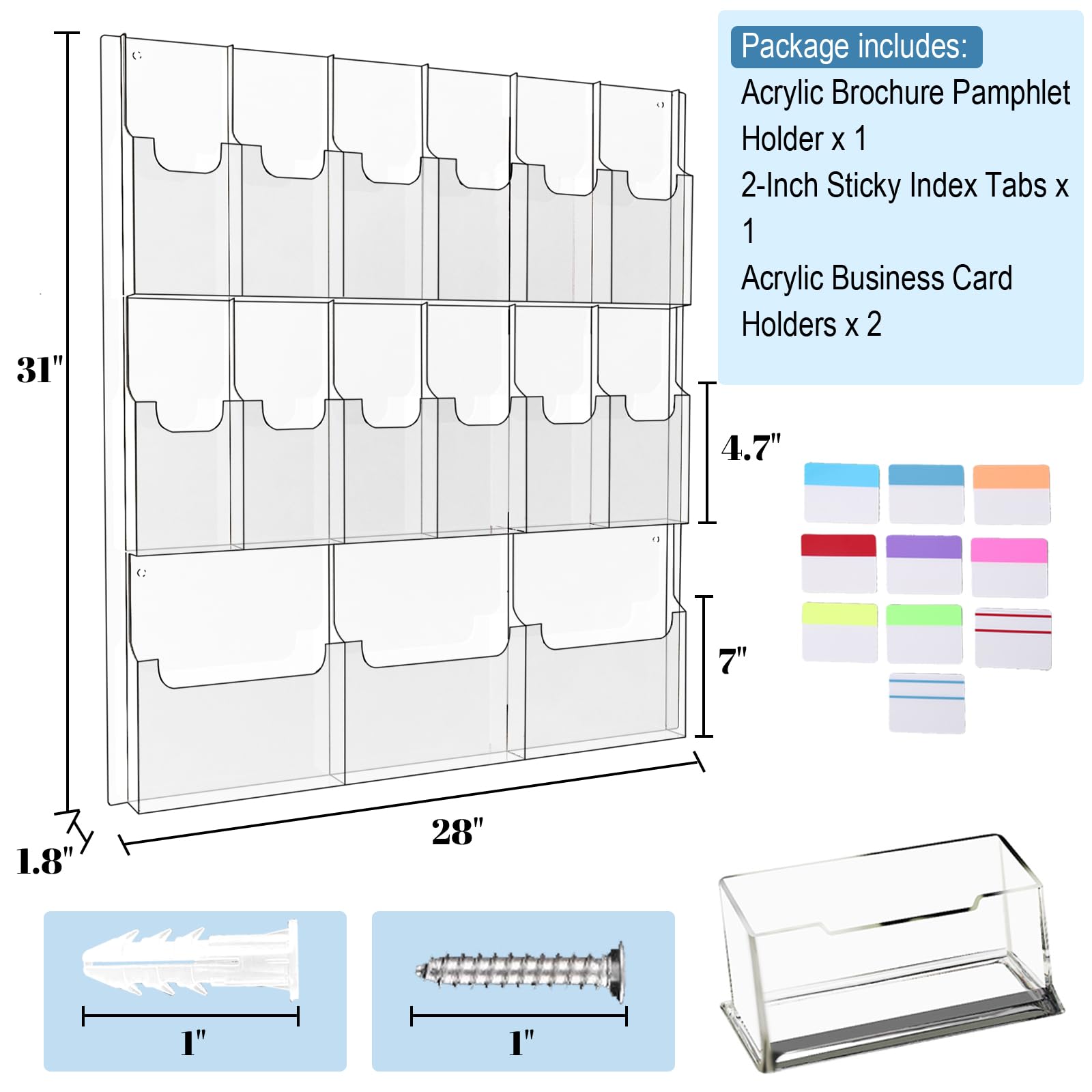 Clear Acrylic Wall Mount Brochure Holder - Magazine & Pamphlet Display Organizer Rack for 12 Pamphlets + 3 Magazines - Business Card Holders & Index Tabs - Perfect for Offices, Restaurants, Hotels & Retail Stores