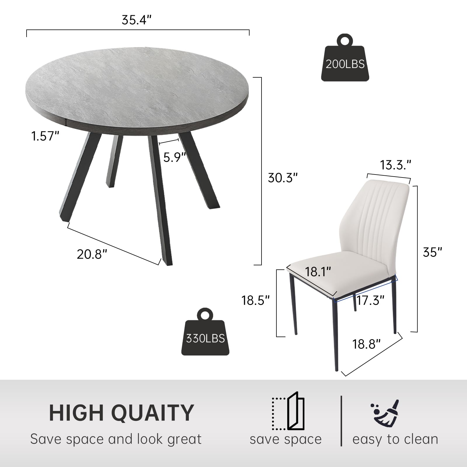 Space-Saving 4-Piece Dining Table Set with Grey Table & 4 White Chairs - Perfect for Small Apartments, Kitchen & Dining Room | Compact Furniture for Cozy Meals & Entertaining