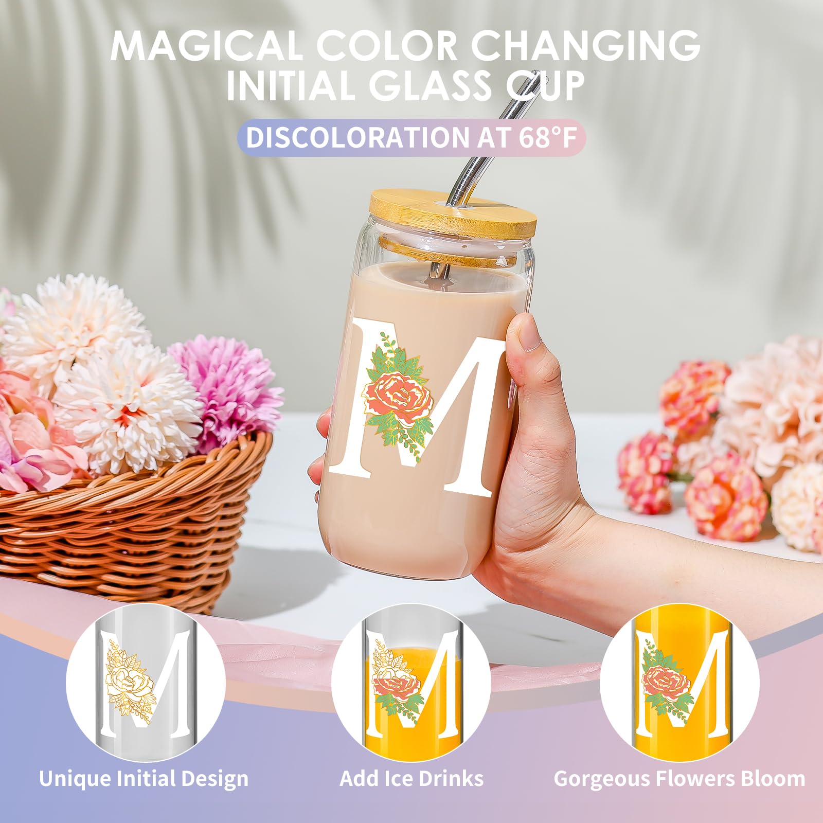 Personalized 16oz Color-Changing Glass Tumbler with Lid & Straw - Monogrammed Iced Coffee Cup for Women, Mom - Perfect Christmas, Thanksgiving & Birthday Gifts - Great for Office, Home & Travel Use