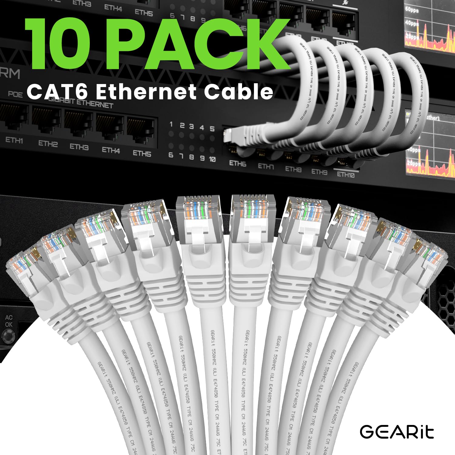 GEARit Cat 6 Ethernet Cable 10-Pack (25 Feet Each) - 10Gbps High-Speed Internet, Snagless RJ45 Gold-Plated Connectors - Perfect for PC, TV, Tablet, Router, Printer & Data Center - Reliable Network Solution for Home Office & IT Setup