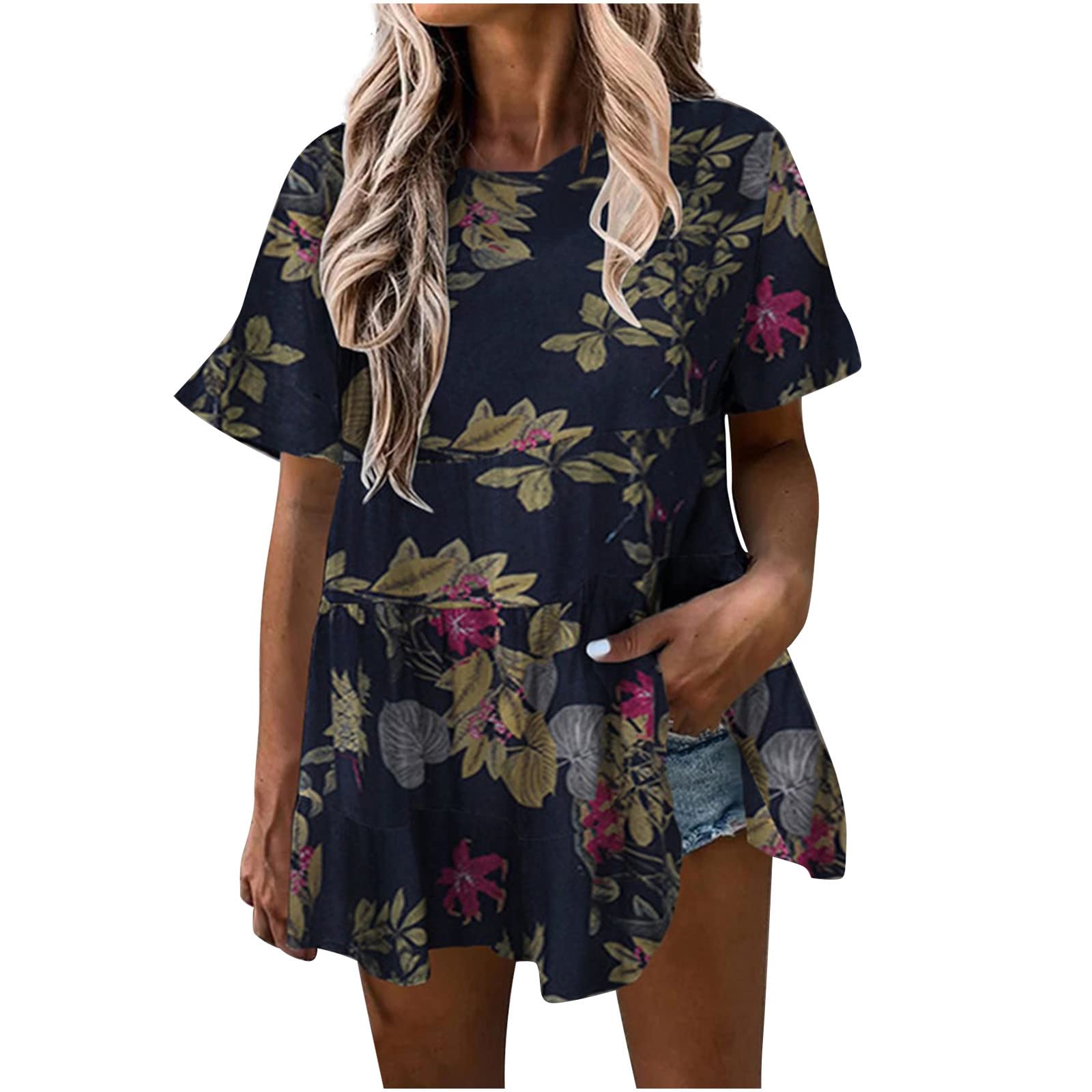 HRAPDA Women's Cute Summer Tops - Trendy Ruffle Short Sleeve O-Neck Blouse with Floral Print, Loose Fit Casual T-Shirt for Dressy Occasions | Perfect for Beach Outings, Date Nights & Summer Vacations