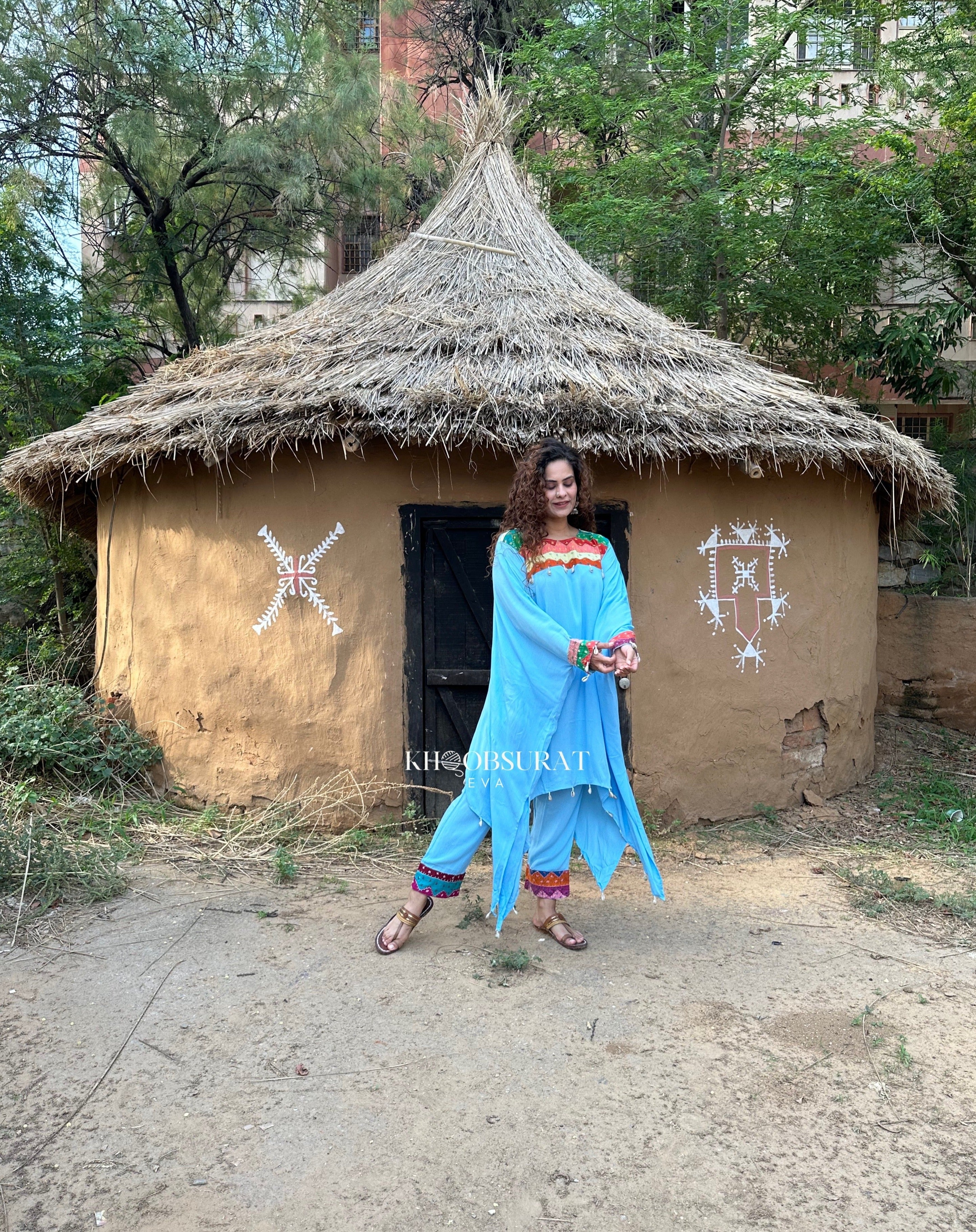Boho Chic Blue Matching Outfit Set - Stylish & Comfortable Women's Two-Piece Coord for Casual Wear, Beach Vacation, and Summer Fashion