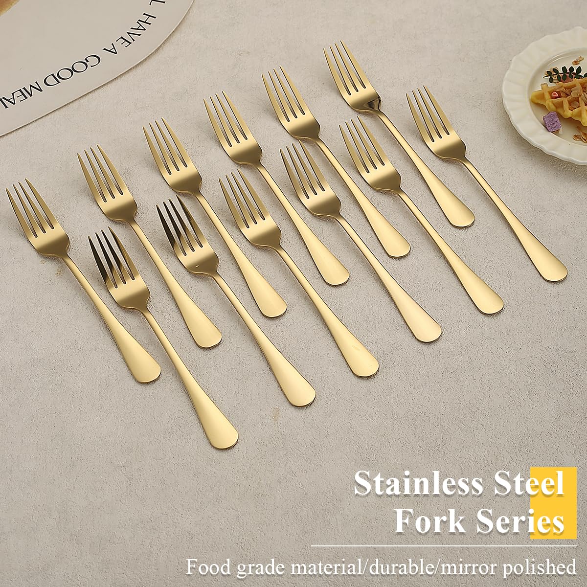 12-Piece Gold Plated Stainless Steel Dinner Forks Set - Elegant Titanium Gold Flatware for Home, Restaurant, Wedding & Parties - Perfect for Fine Dining, Special Events & Everyday Use