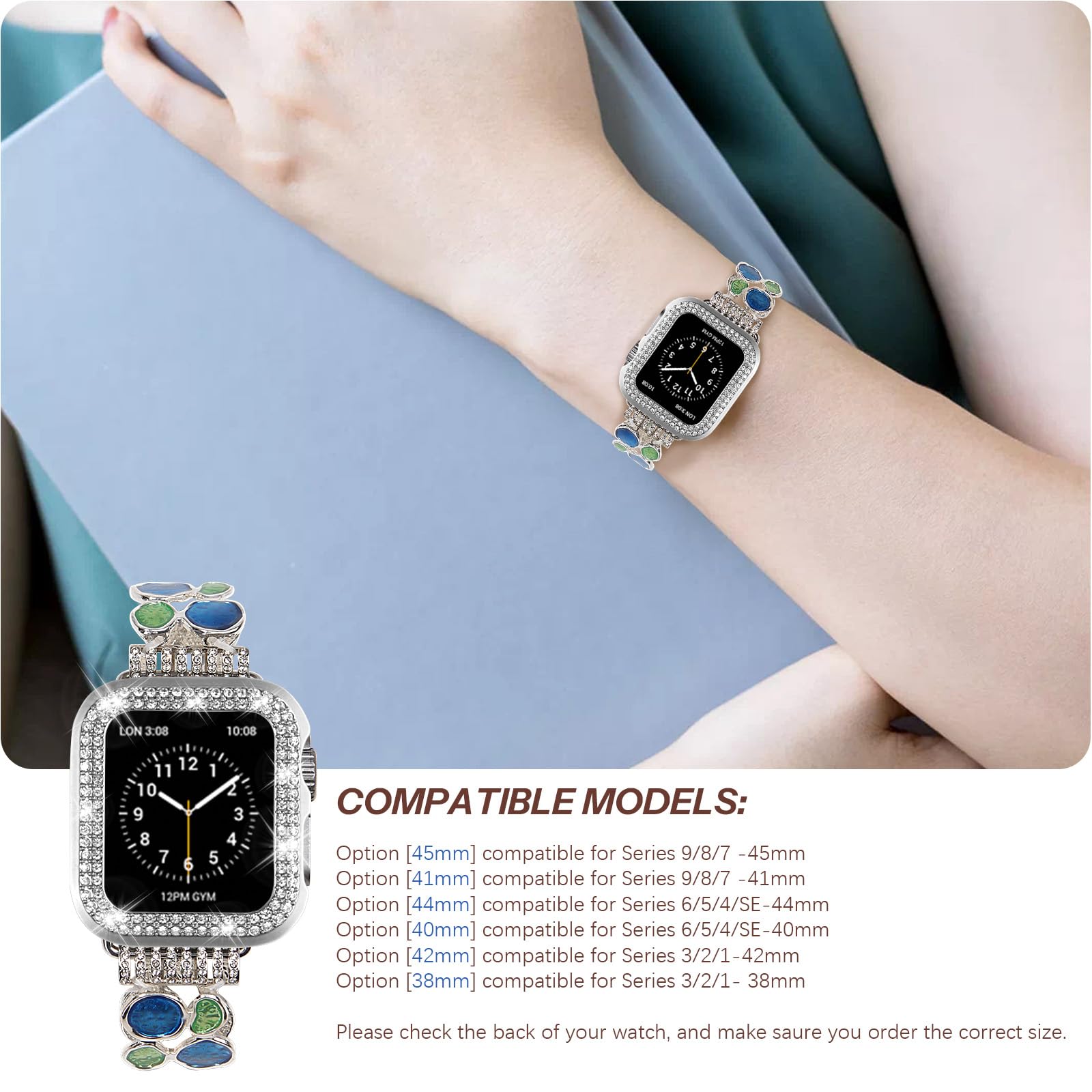 VIQIV Bling Stainless Steel Apple Watch Band for Women - Compatible with 38mm 40mm 41mm 42mm 44mm 45mm iWatch Series 9/8/7/6/5/4/3/2/1/SE - Elegant Dressy Bracelet with Case for Parties & Special Occasions