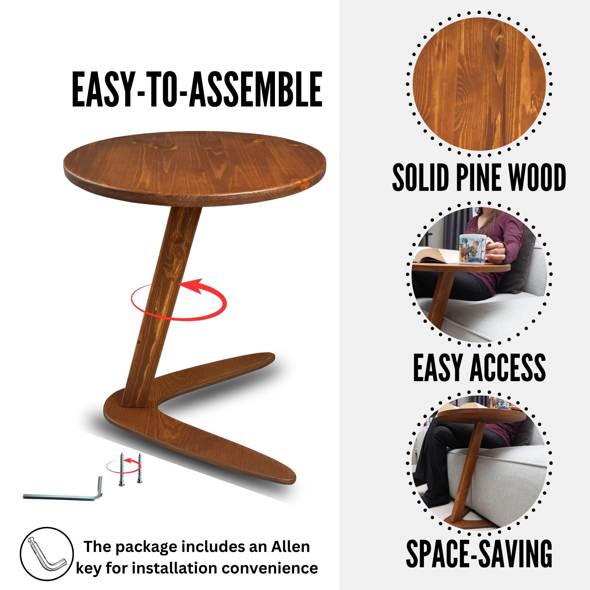 Handmade C-Shaped End Table - Rustic Chestnut Sofa Side Table for Living Room, Sliding Under Couch for Space Saving | Perfect for Small Apartments, Bedside Use & TV Snack Tray