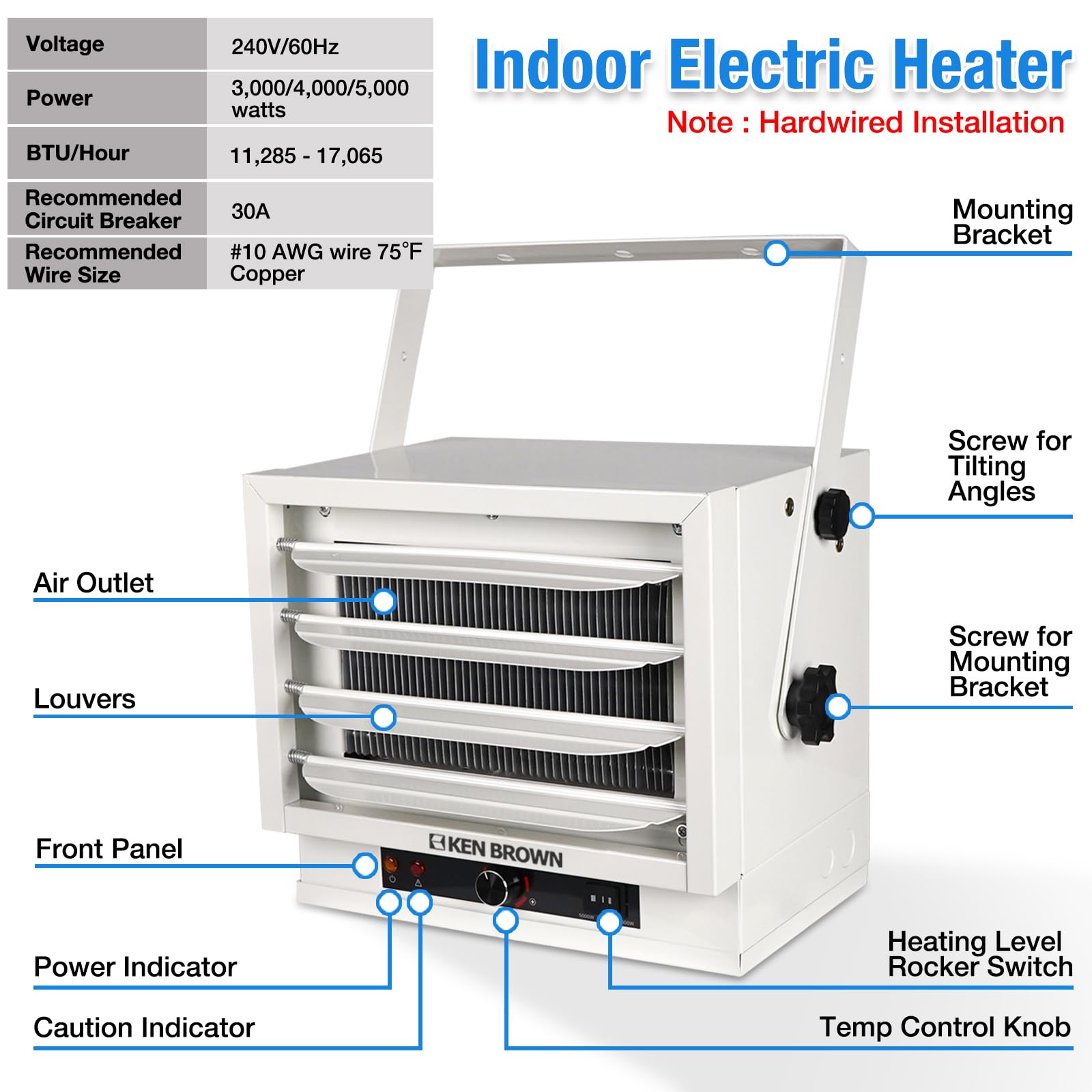 KEN BROWN 3000W/4000W/5000W Electric Garage Heater - 240V Hardwired Ceiling Mount Shop Heater with Fan Forced Heating, 3 Heat Levels & Thermostat - Perfect for Garage, Workshop, Warehouse, Greenhouse, Basement & Large Spaces