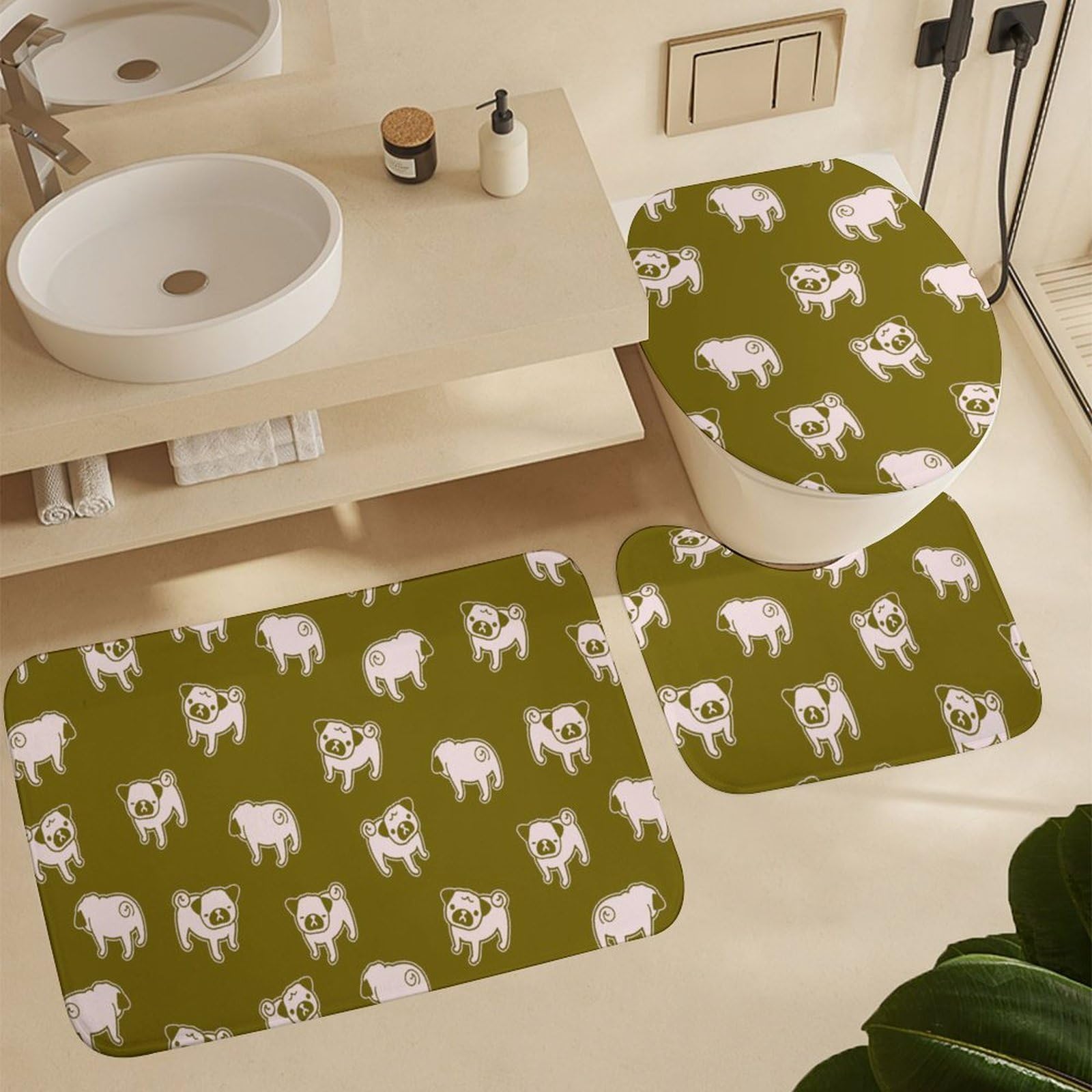 Pug Shower Curtain Set - 4PCS Bathroom Decor with Non-Slip Rug for Pet Lovers