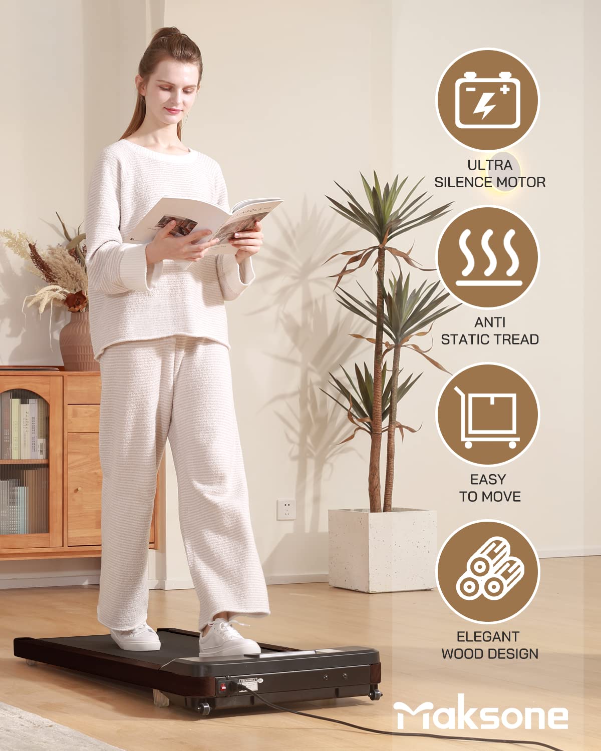 Maksone Under Desk Treadmill - Quiet Wooden Walking Pad with Remote Control, No Installation Required | Portable Walking Jogging Machine for Home Office, Small Spaces & Fitness Enthusiasts