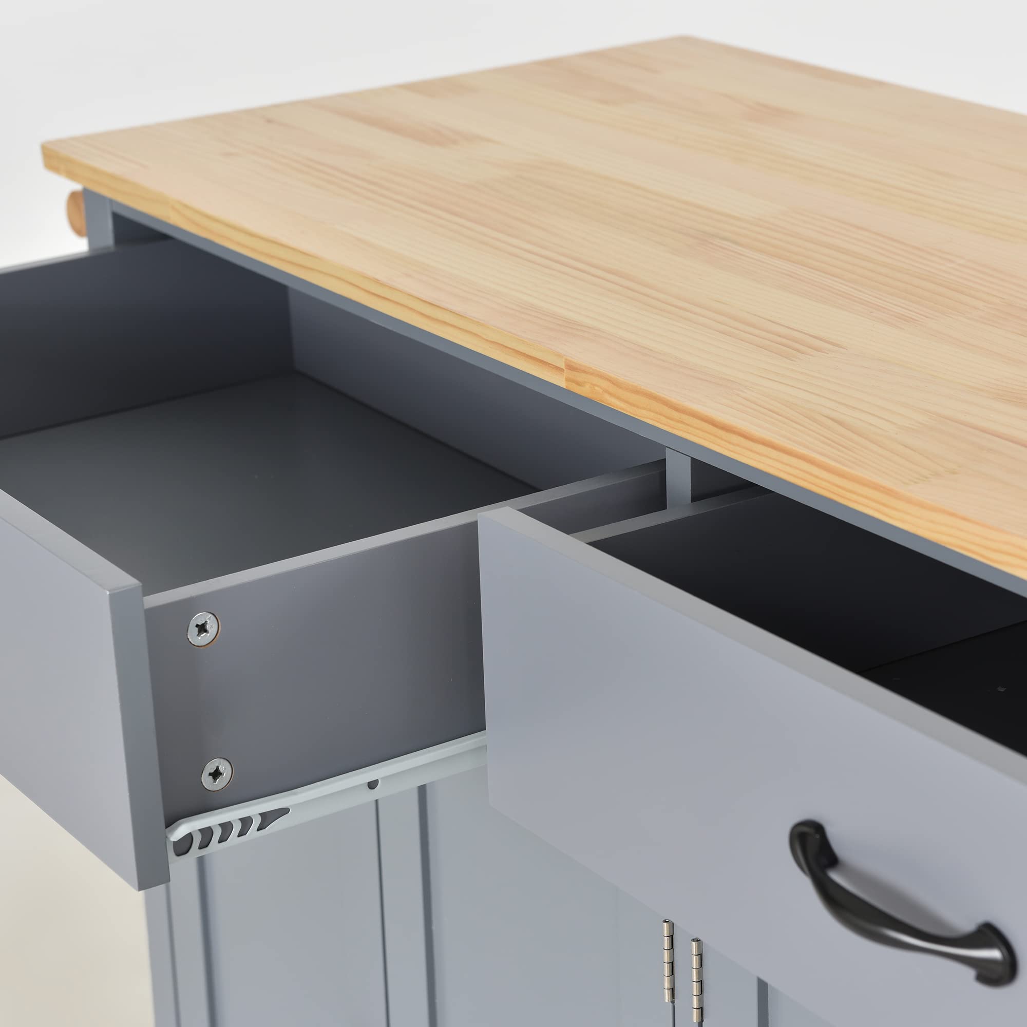 P PURLOVE Wood Kitchen Island Cart with Locking Wheels - Rolling Utility Cart with 2 Drawers, 4 Door Cabinet, Storage Shelf, Spice Rack & Towel Rack - Perfect for Small Kitchens, Pantry Organization & Mobile Cooking Station