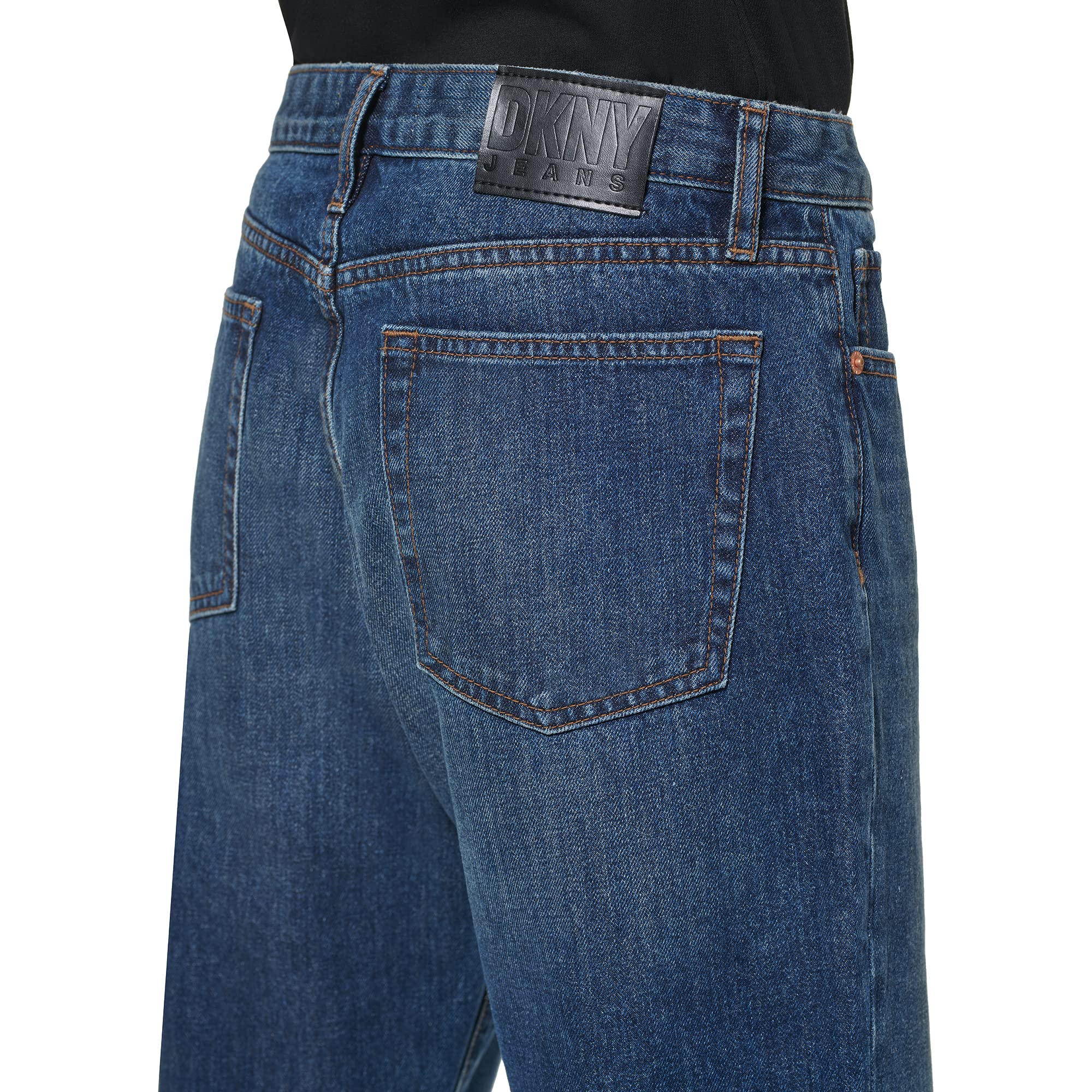 DKNY Women's Cuffed Boyfriend Straight Jeans - High Waist Stretch Denim Pants for Casual Wear & Everyday Outfits