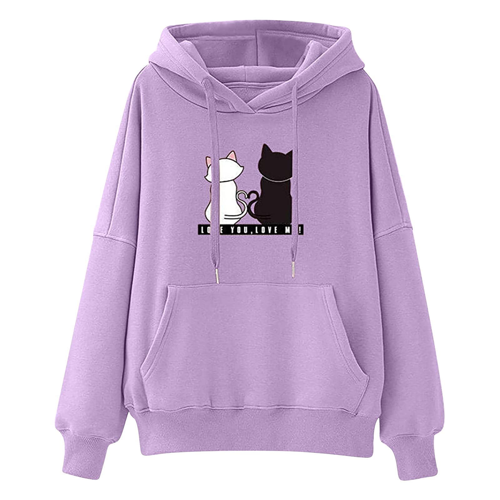 Women's Cute Black & White Cat Print Hoodie - Long Sleeve Pullover Sweatshirt for Cat Lovers | Perfect for Casual Wear, Gifts & Cat-Themed Outfits