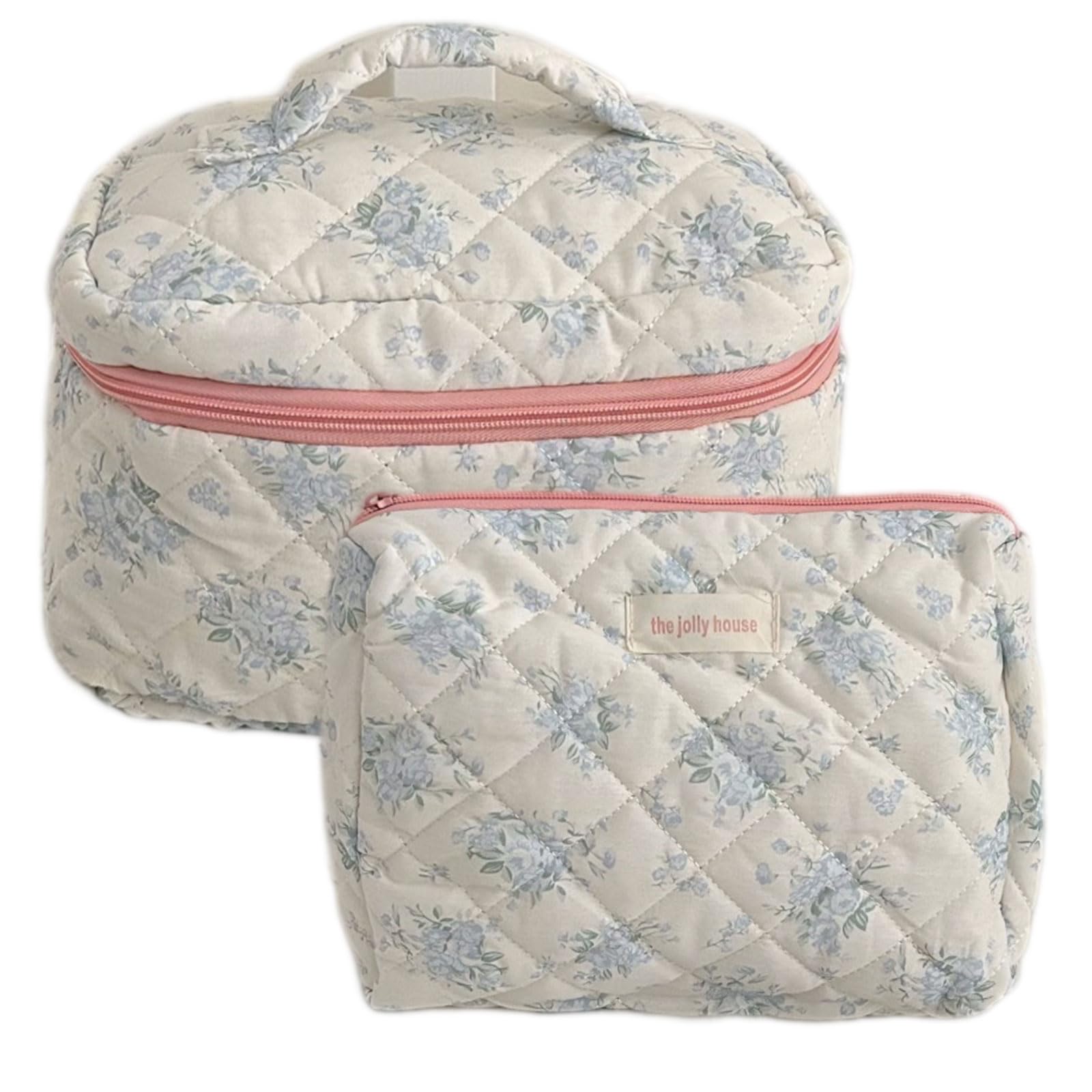 Floral Cotton Makeup Bag - Large Travel Cosmetic Organizer with Quilted Design, Coquette Aesthetic Toiletry Pouch for Women & Girls (Blue Flower) | Perfect for Travel, Gym, Daily Storage & Gift Giving
