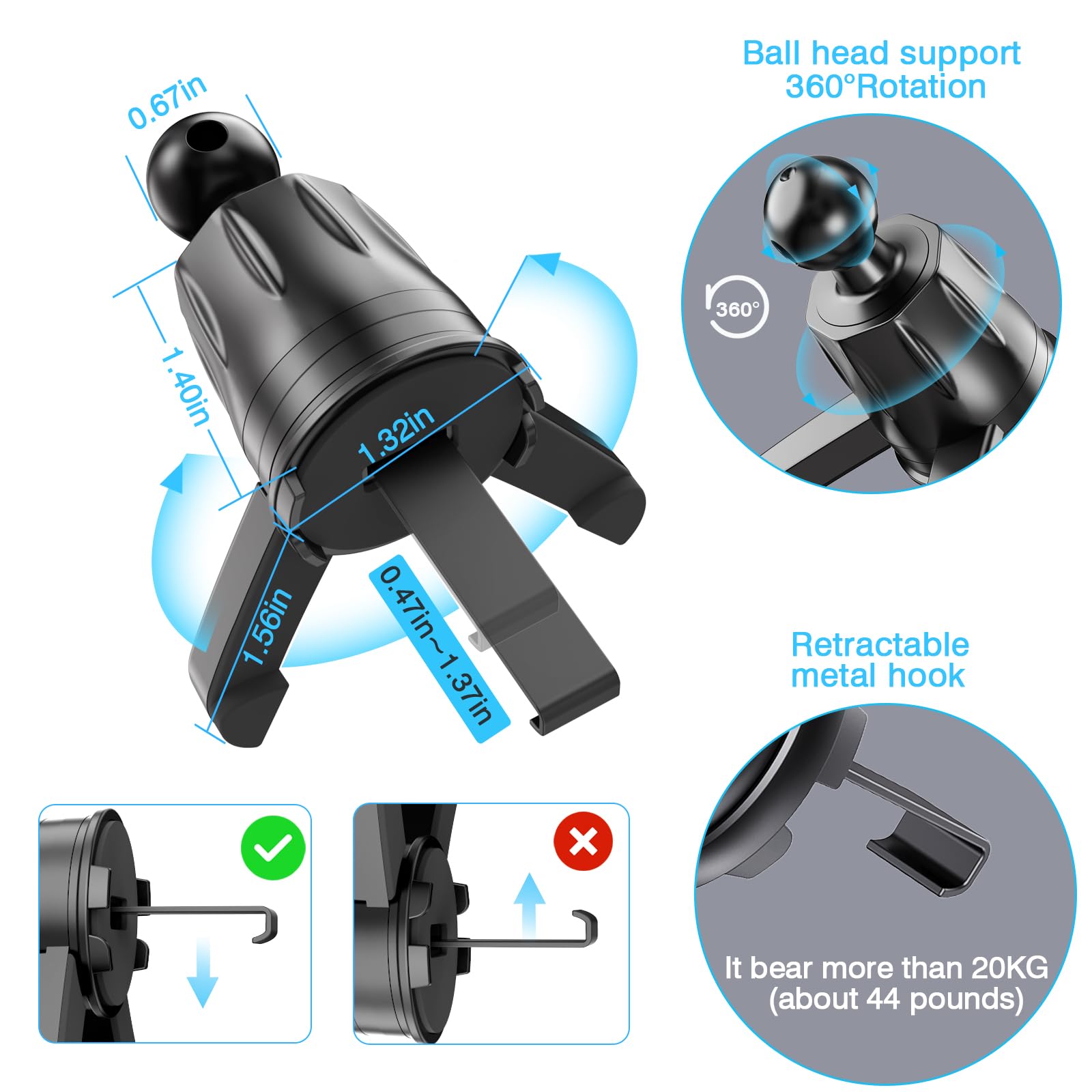 Universal Car Air Vent Clip Mount - Adjustable Triangle Foot & Metal Hook for Phone Holder & Wireless Charger (0.67