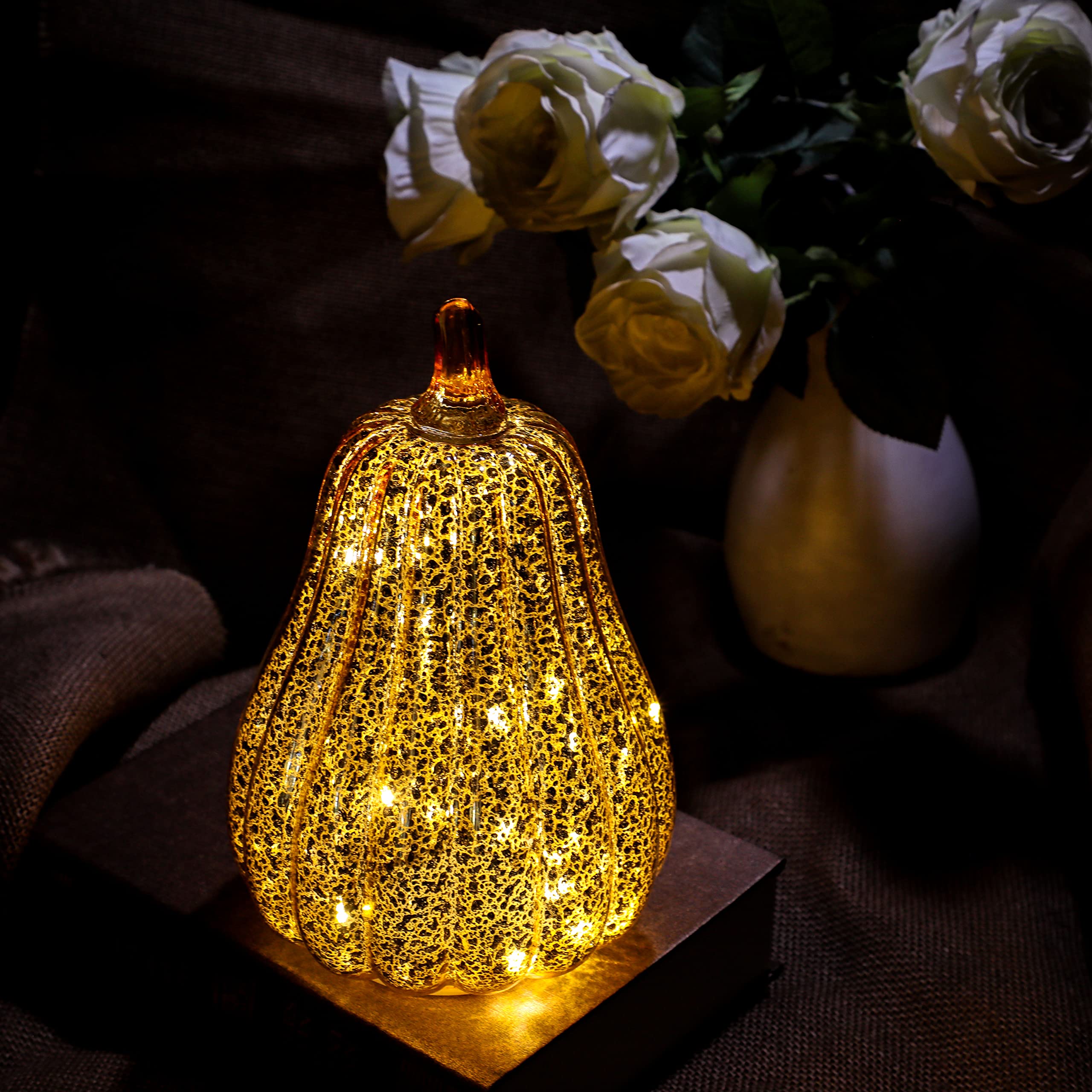 Romingo Mercury Glass Pumpkin Light with Timer - Gold Halloween Decor, Fall & Thanksgiving Decoration (8.7 Inch) - Perfect for Porch, Mantel, and Tabletop Displays