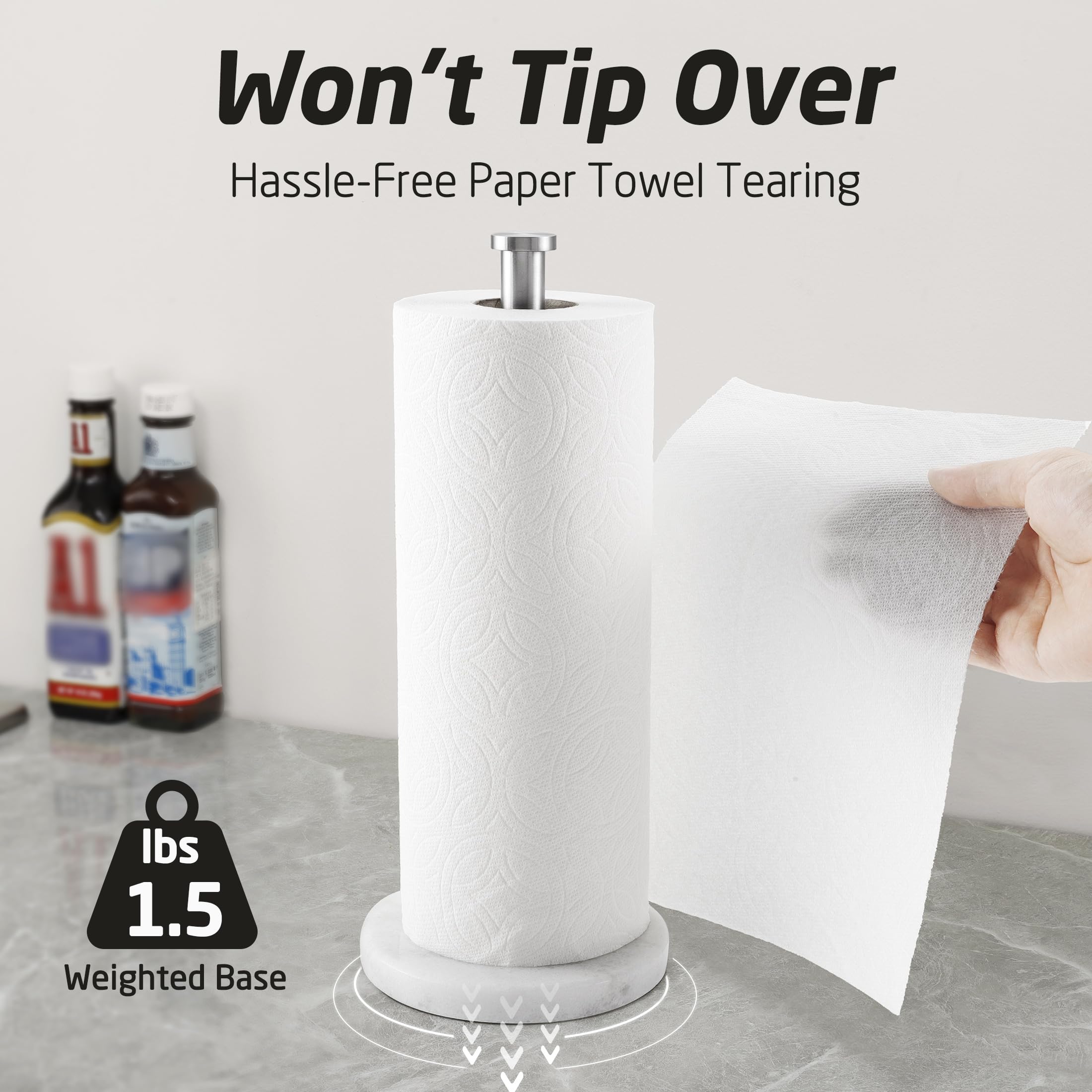 Premium KES Countertop Paper Towel Holder - Sturdy SUS304 Stainless Steel with Natural Marble Base for Standard/Jumbo Rolls (Brushed Finish) - Ideal for Kitchen, Bathroom, Office & Restaurant Use - Model KPH100S14B-2
