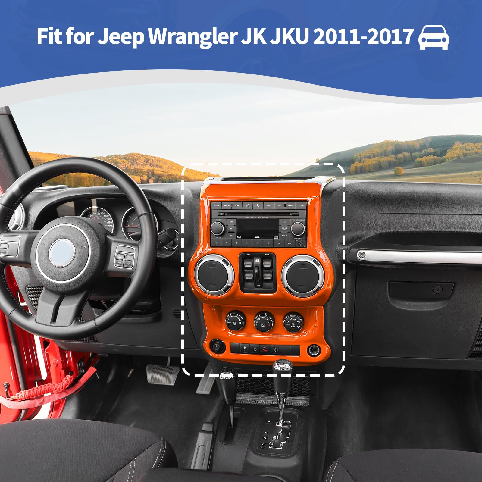 Jeep Wrangler JK JKU 2011-2017 Orange AC Control Panel Cover Trim - RT-TCZ Center Console Accessories (2pcs) - Upgrade Interior for Off-Road & Daily Driving