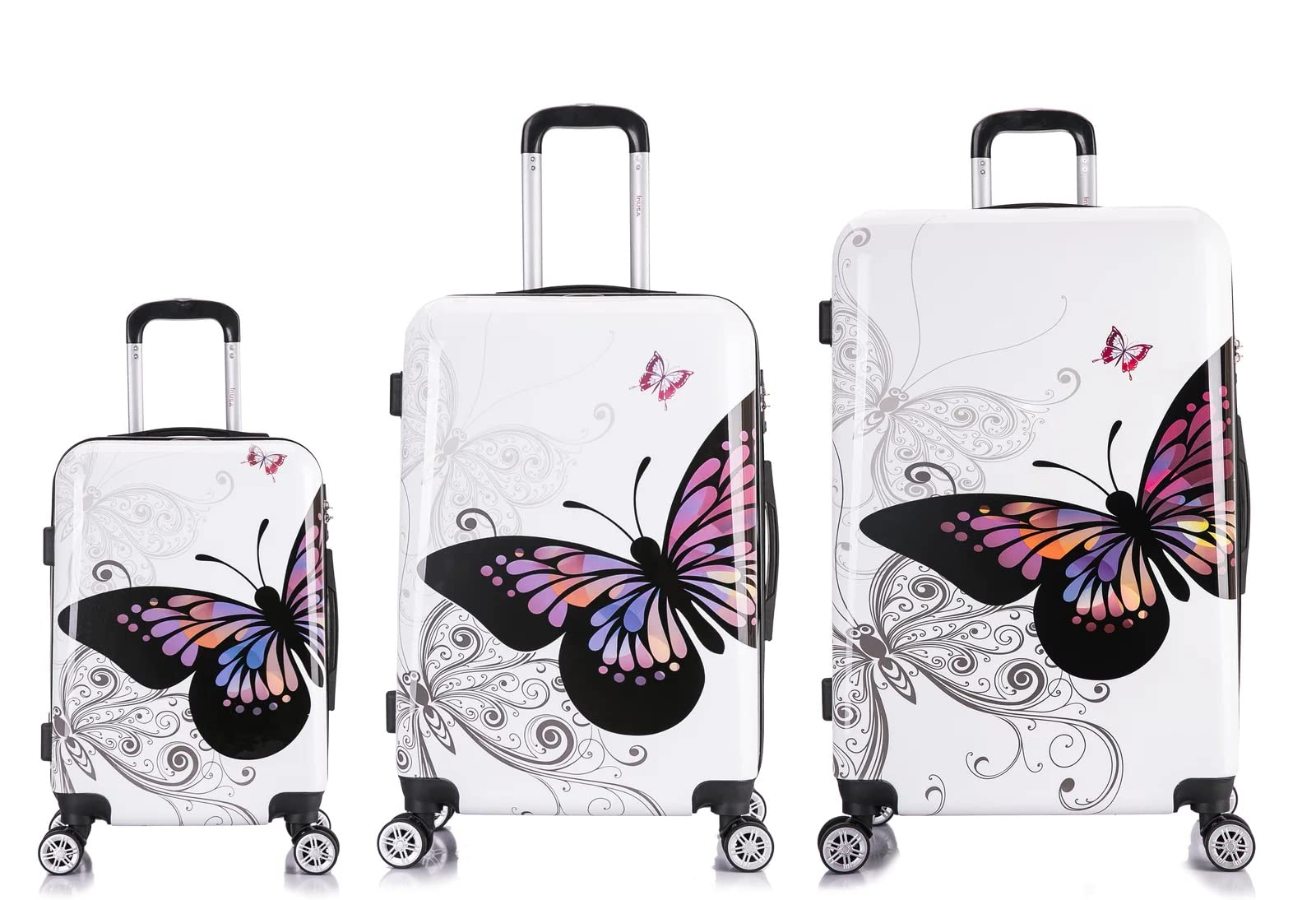 InUSA Butterfly Print Luggage Set with 360° Spinner Wheels - 3-Piece Durable Lightweight Hardside Suitcase (20in, 24in, 28in) for Women Travel | Carry-On & Checked Bag for Airplane, Vacation & Business Trips